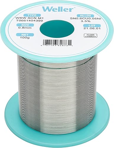 Weller WSW SCN M1 (T0051404399) Alambre de soldadura sin plomo, diámetro: 0.8 mm / 0.039 in, peso: 100 g / 3.527 oz, aleación Sn99.3Cu0.6Ni0.05,