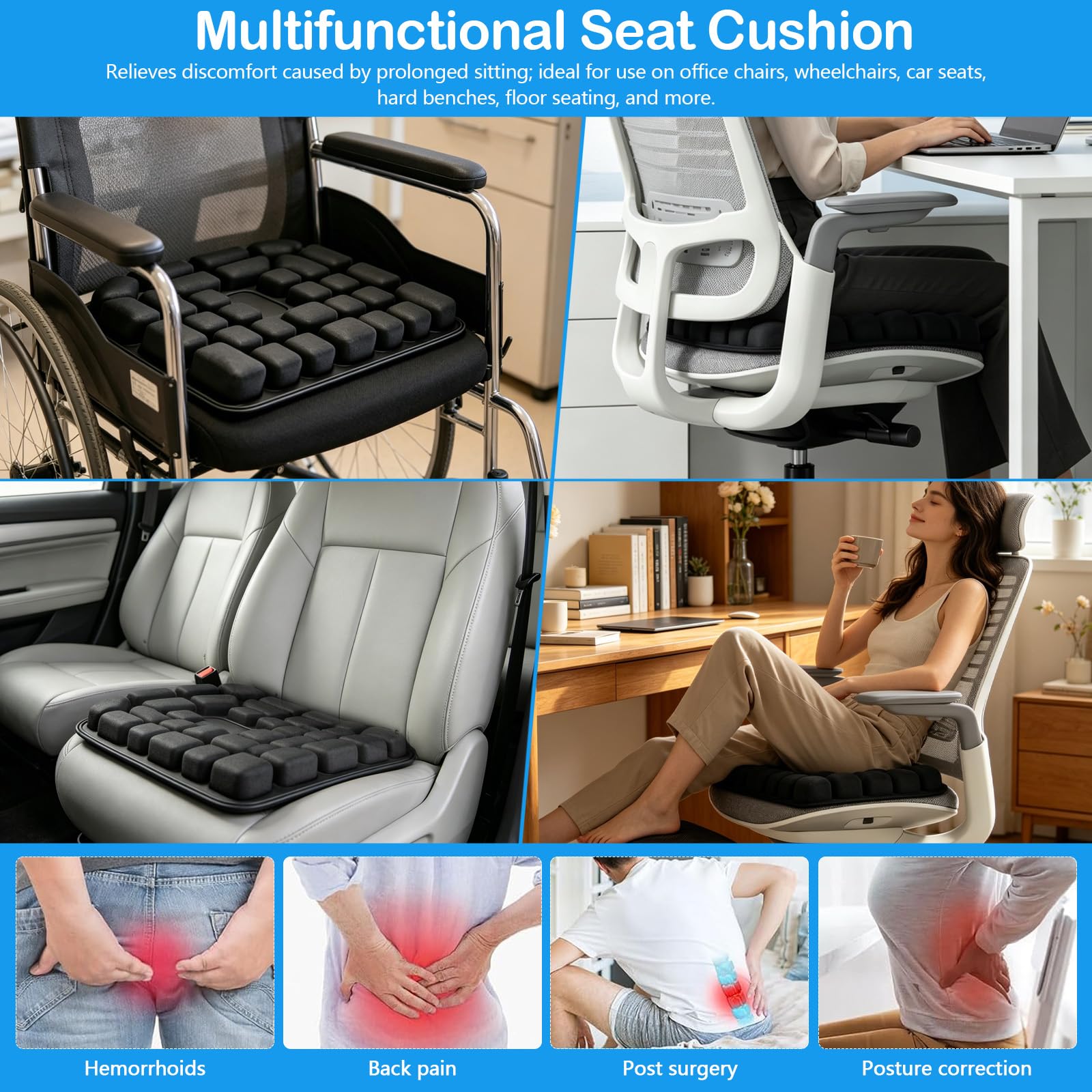 Coussin de Siège Gonflable, Coussin de Siège d'avion Portable, Soulagement des Hémorroïdes et des Douleurs au Coccyx, Coussin Gonflable Assise Anti-escarres pour Chaises de Bureau Fauteuils Roulants