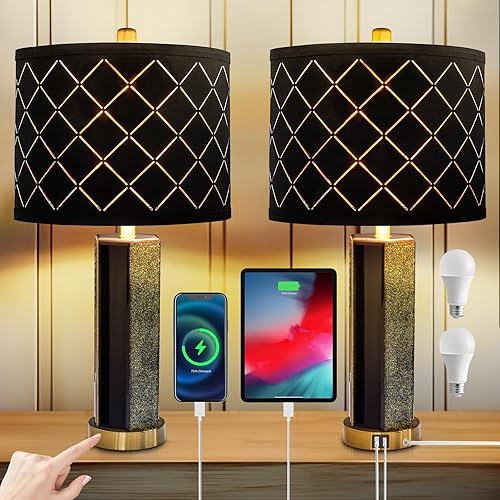 Juego de 2 lámparas de mesa con control táctil, moderna lámpara de noche de espejo negro con 2 puertos USB, 3 vías regulables de mármol real dorado