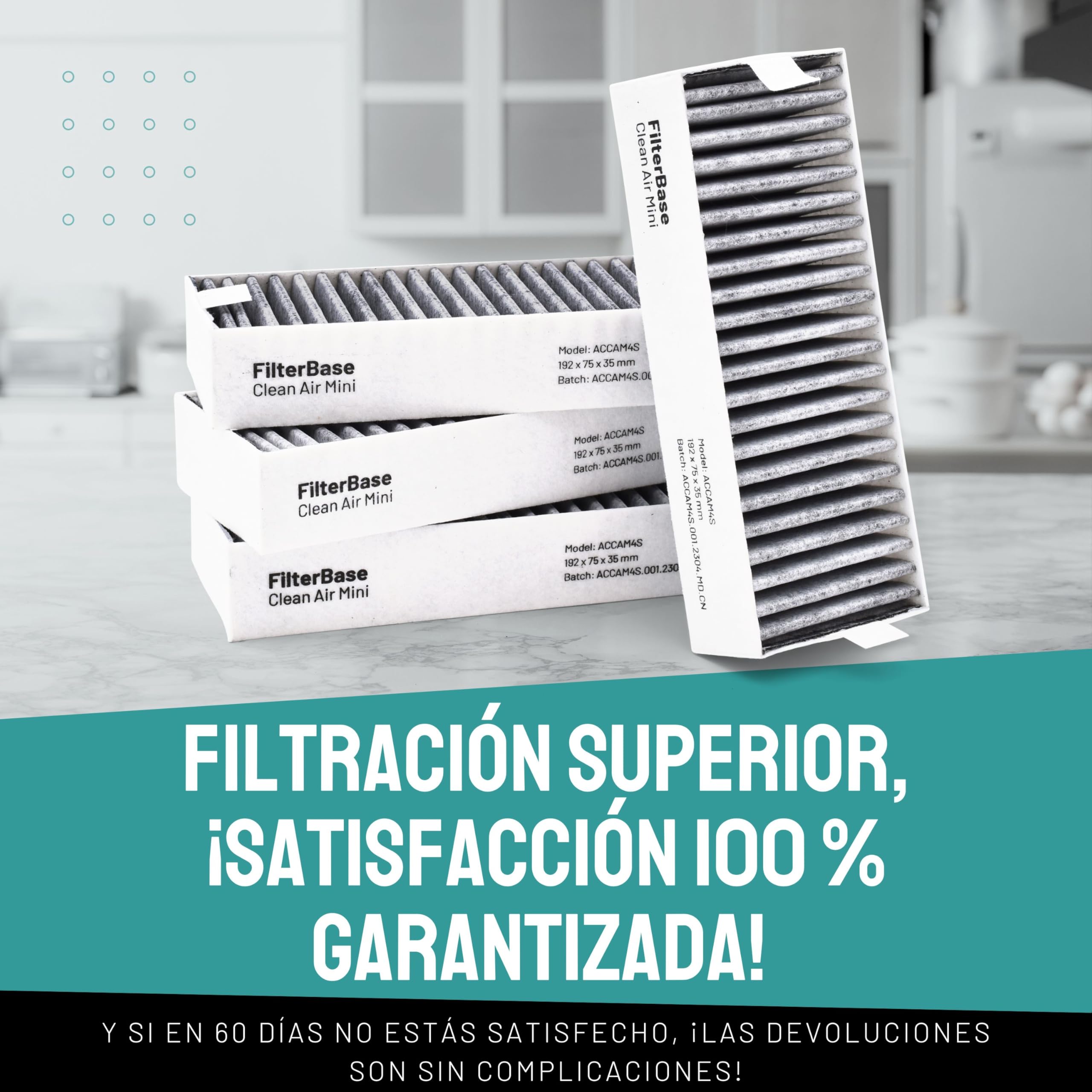 FilterBase® Clean Air Filtro de Carbón Activado 4 Piezas - Set de Filtros compatible con Bosch HEZ9VRCR0 / Siemens HZ9VRCR0 / Neff Z821VR0 / Gaggenau CA282111 o Constructa CZ9VRCR0 (195 x 75 x 35 mm)