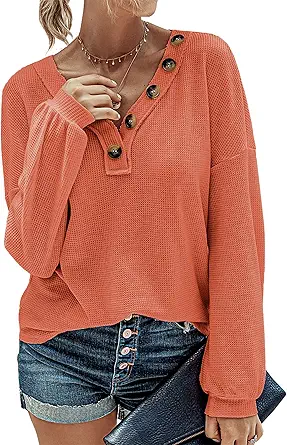 BTFBM Women Waffle Knit Shirts V-Neck Long Sleeve Casual Slouchy Loose Blouses Plain Faux Button Lightweight Pullover