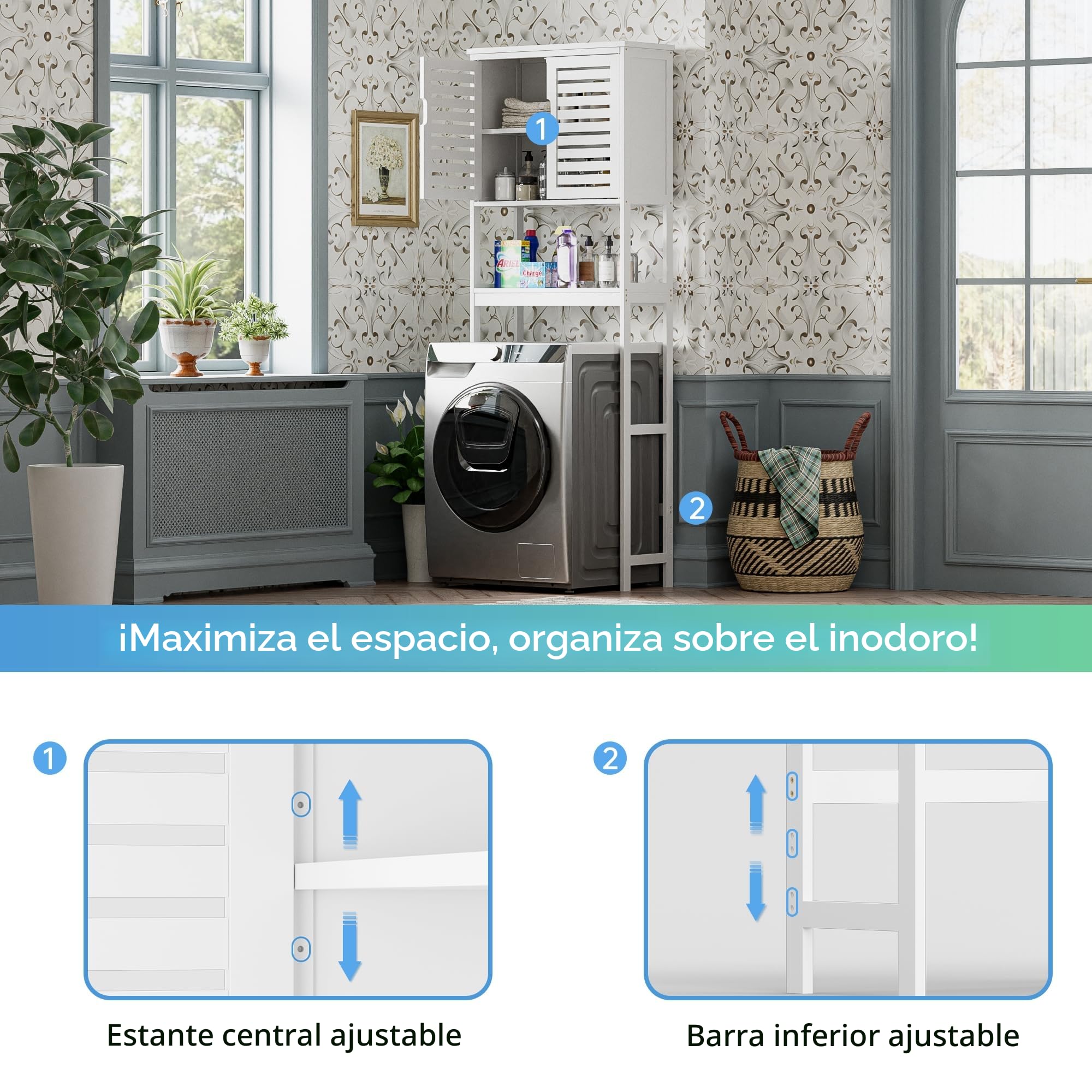 SMIBUY Armario para el Inodoro en el Baño, Organizador de 2 Puertas de Bambú con Estante Interior Ajustable y Estante Abierto (Blanco)