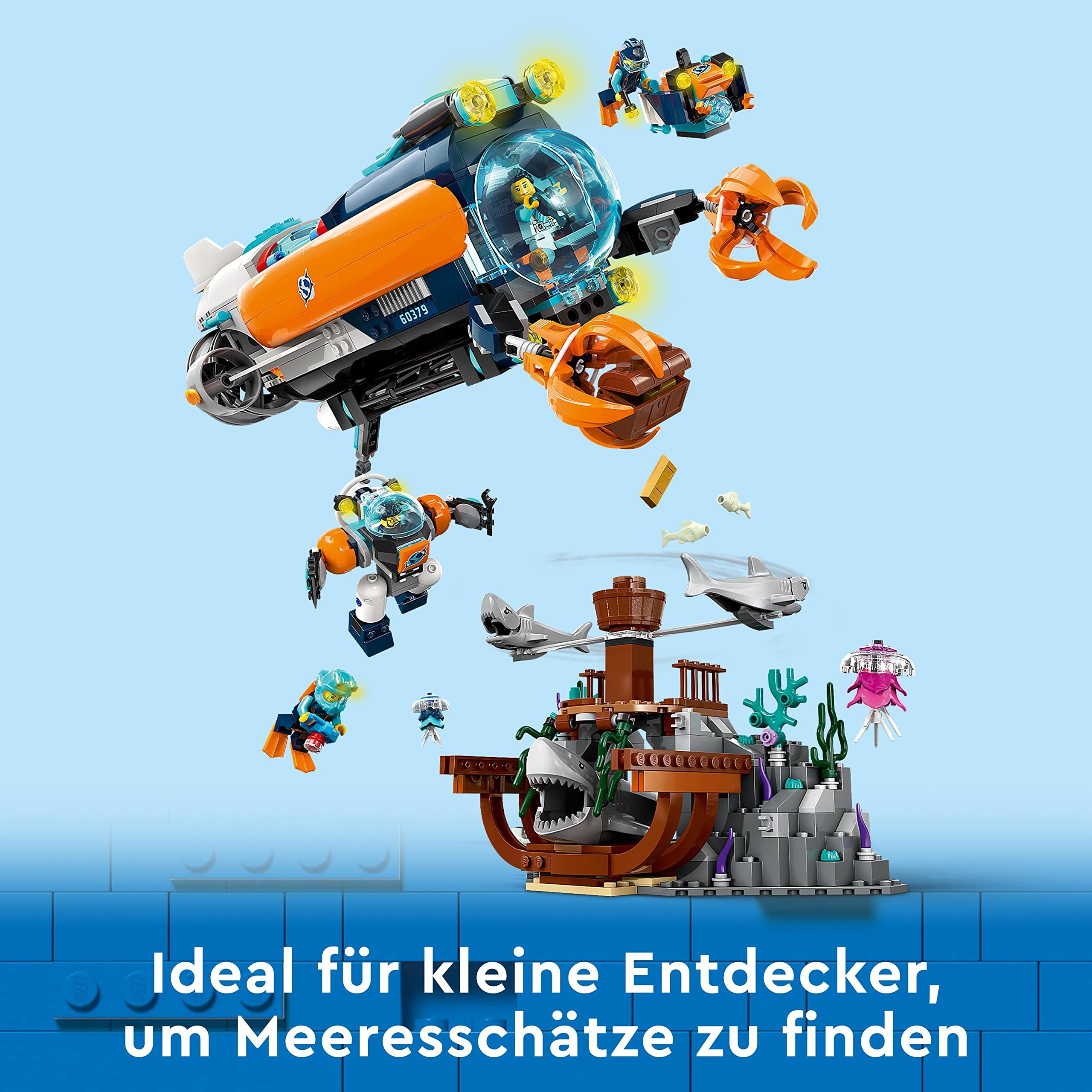 LEGO 60379 City Forscher-U-Boot Spielzeug, Unterwasser-Set mit Drohne, Mech, Minifiguren von Tauchern und Tierfiguren, Geschenk zum Geburtstag für Kinder, Jungen und Mädchen | Unterwasser-Set, Mit Drohne, Mit Mech, Minifiguren von Tauchern, Tierfiguren