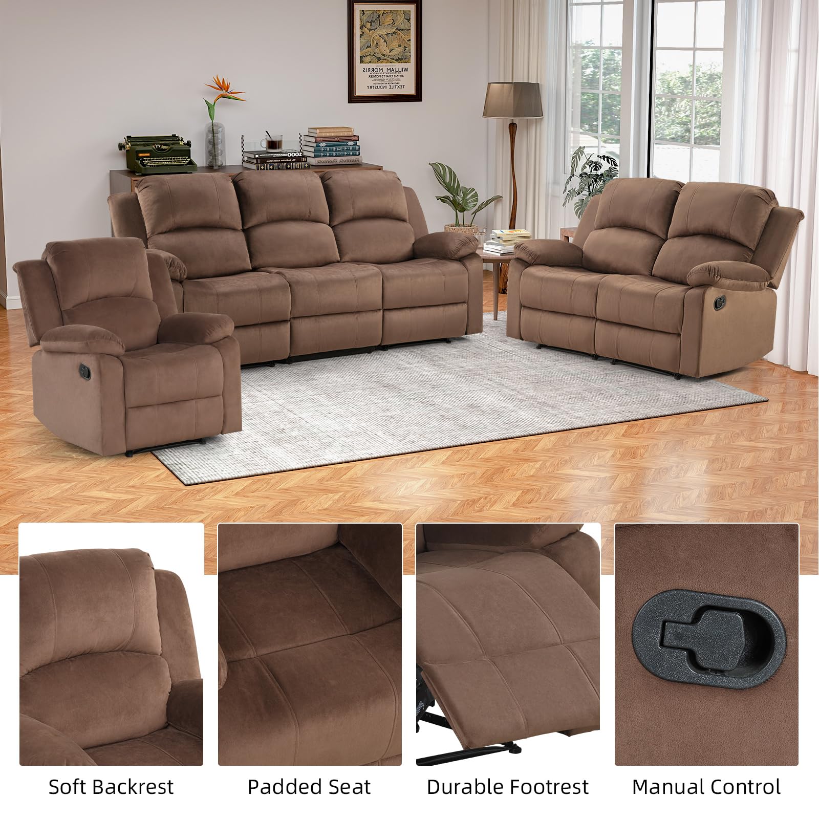 EBELLO Manual Recliner Sofa Set, Microfiber Reclining Couch Furniture Set for Living Room, Includes 1 Recliner Chair, 1 Loveseat Sofa and 1 3-Seater Reclining Couch, Brown view 3