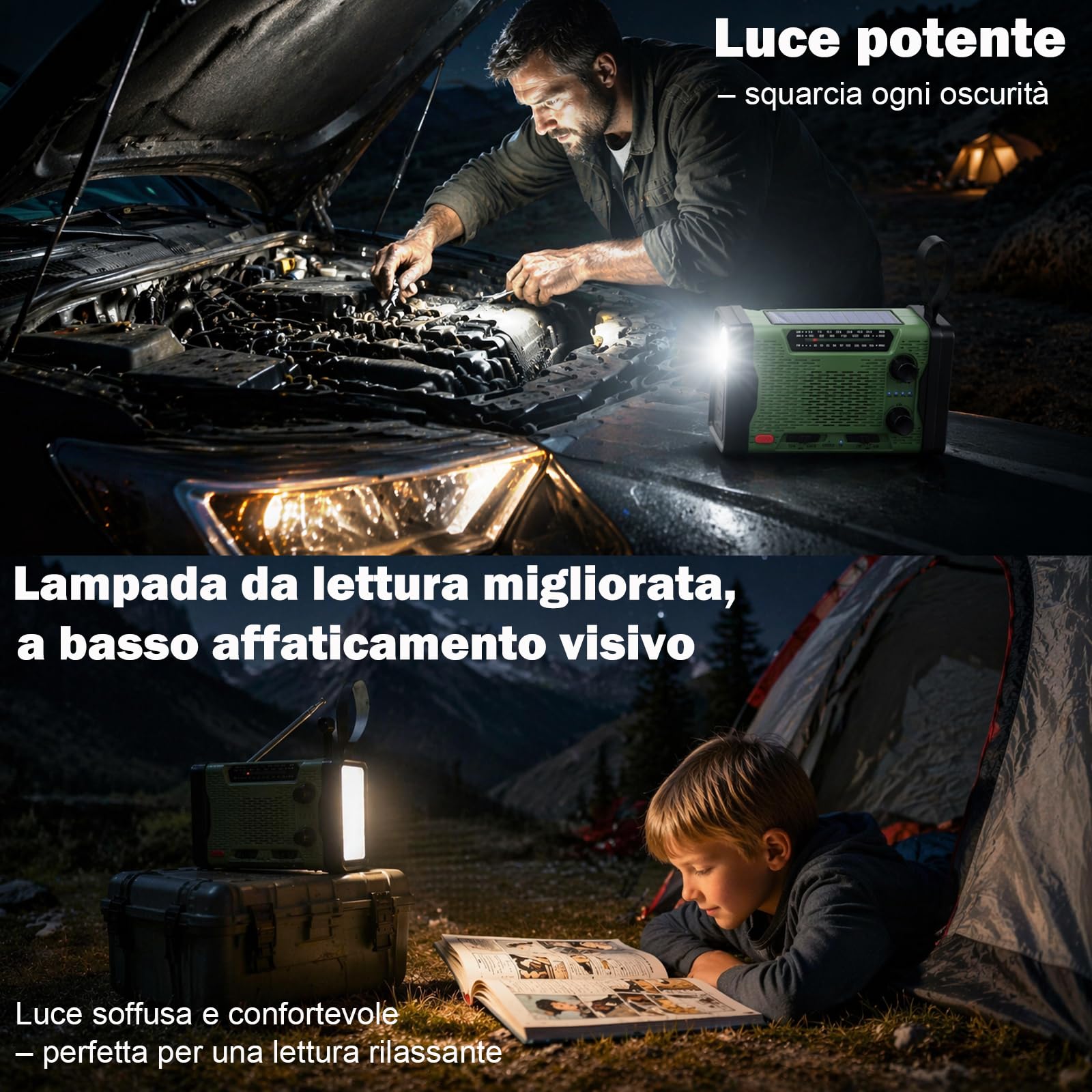 Radio Portatile di Emergenza AM/FM/SW, Radio Dinamo a Manovella con Powerbank Solare 5000mAh, Radiolina Portatile Ricaricabile con Torcia LED, Allarme SOS e Carica USB per Campeggio e Blackout