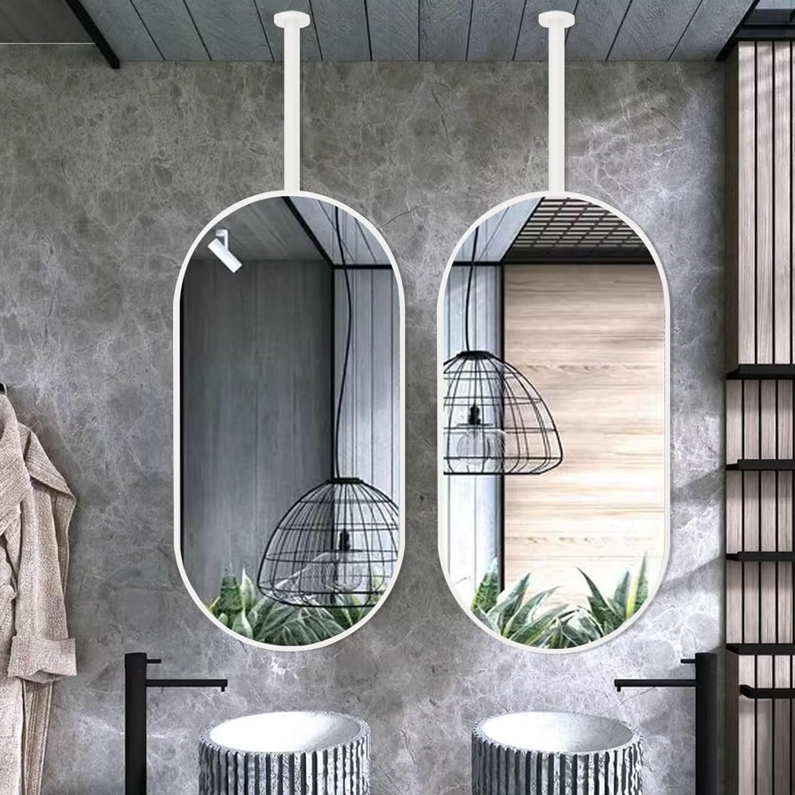 FGXHHS Ceiling Mounted Mirror with Oval White Metal Frame, Wall Vanity Suspended Floating Decorative Simple for Bathroom Living Room Hallway - Customizable Rod (Size : 50cmx70cm)