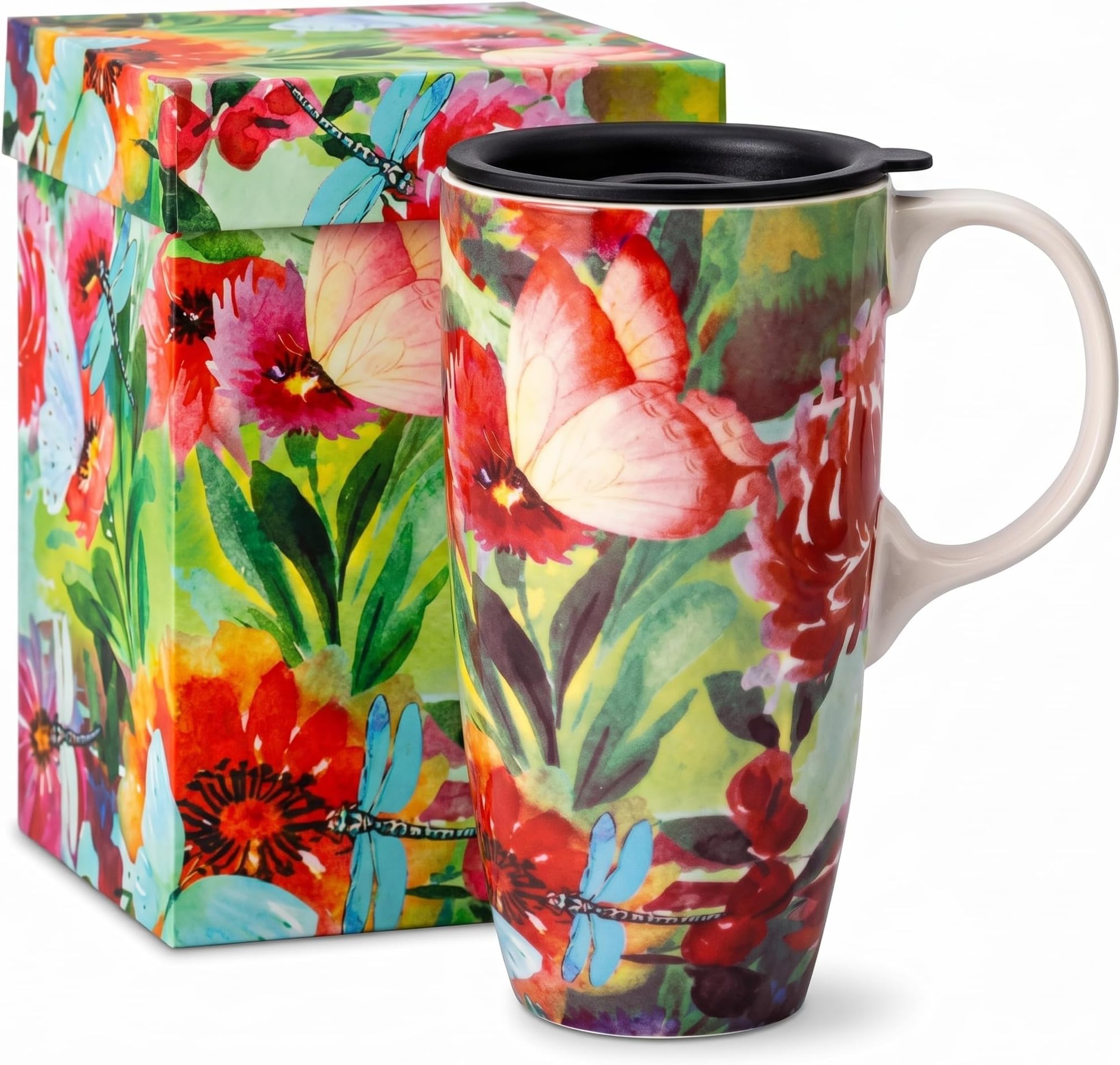Topadorn 17oz Ceramic Travel Coffee Mug with Spill-Resistant Lid and Handle, Butterfly Coffee Cup with Gift Box, Microwave & Dishwasher Safe Tea Mug for Home, Office & Travel