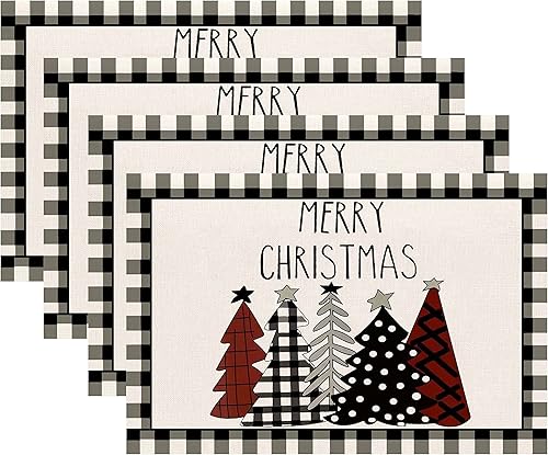 UYPGOIN Waterclor Buffalo - Juego de 4 manteles individuales para árboles de Navidad a cuadros para invierno de temporada decoración de cocina