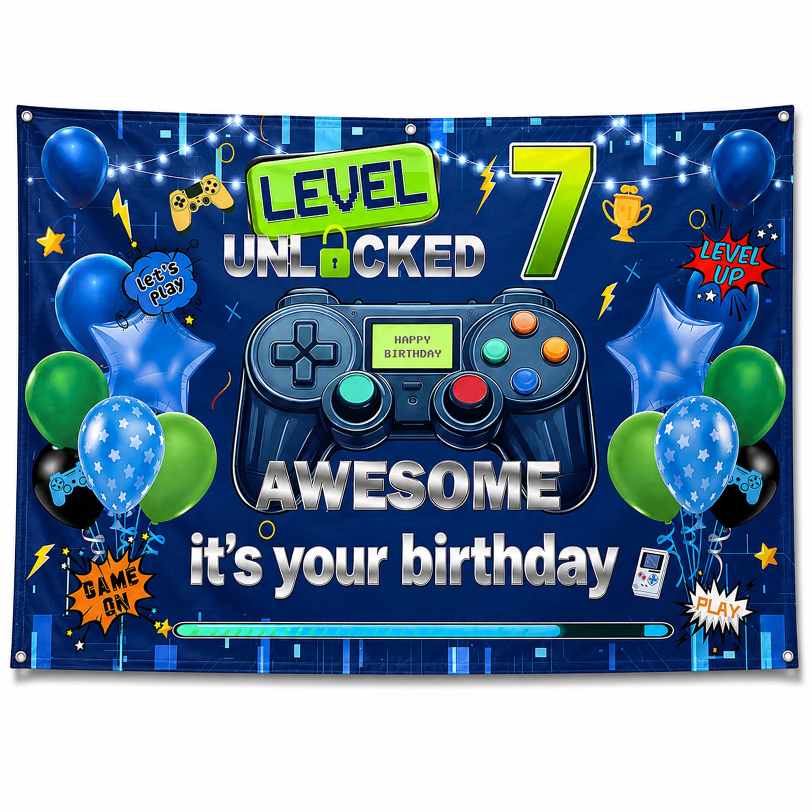 Game 7th Birthday Decorations Banner, Large Blue Gaming Birthday Backdrop Boy, Level 7 Unlocked, 110x180cm Polyester Birthdays Banners for Boys Kids, Game Theme Party Decor Supplies
