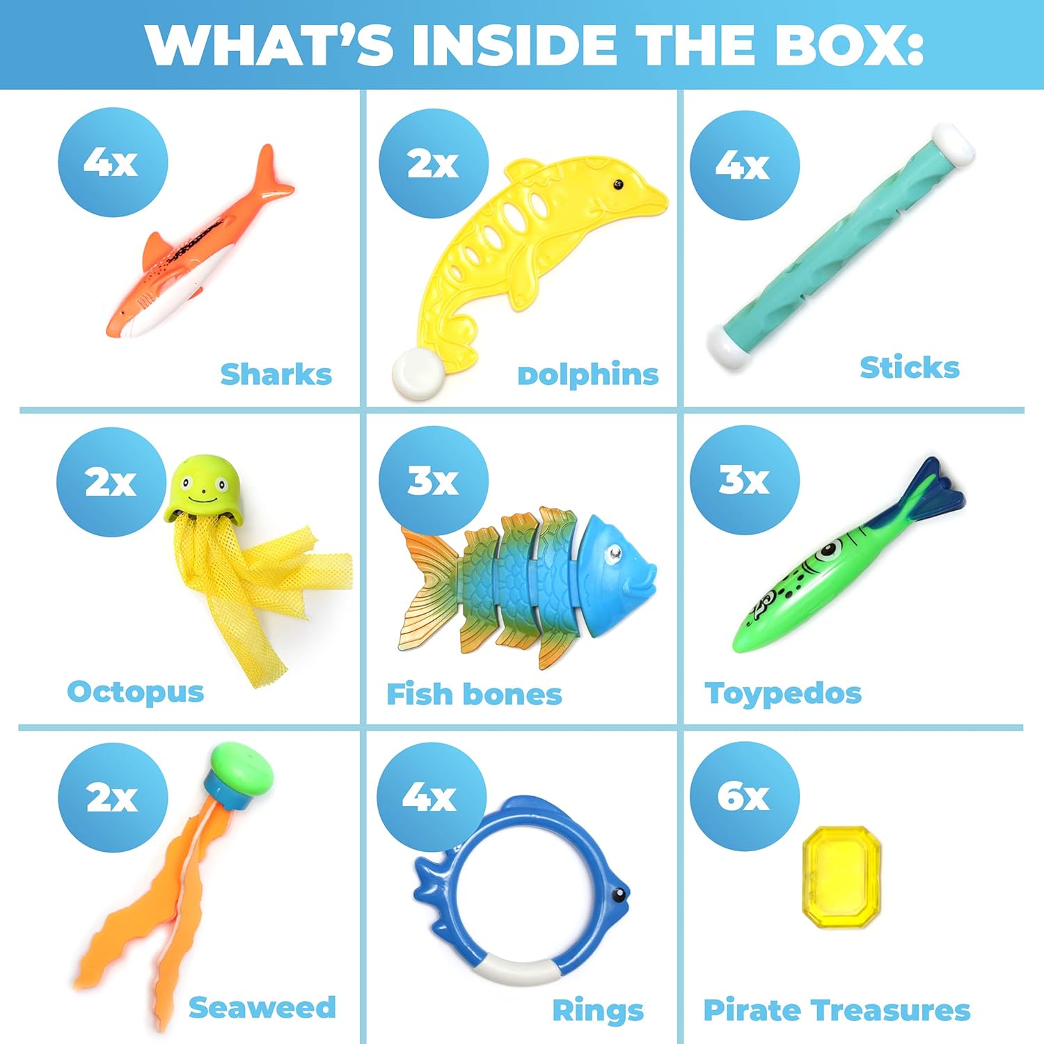 Chuchik Diving Toys 30 Pack, Swimming Pool Toys for Kids Includes 4 Diving Sticks, 4 Diving Rings, 6 Pirate Treasures, 3 Toypedo Bandits, 9 Fish Toys, 4 Octopus - Water Toys with a Storage Net Bag : Toys & Games