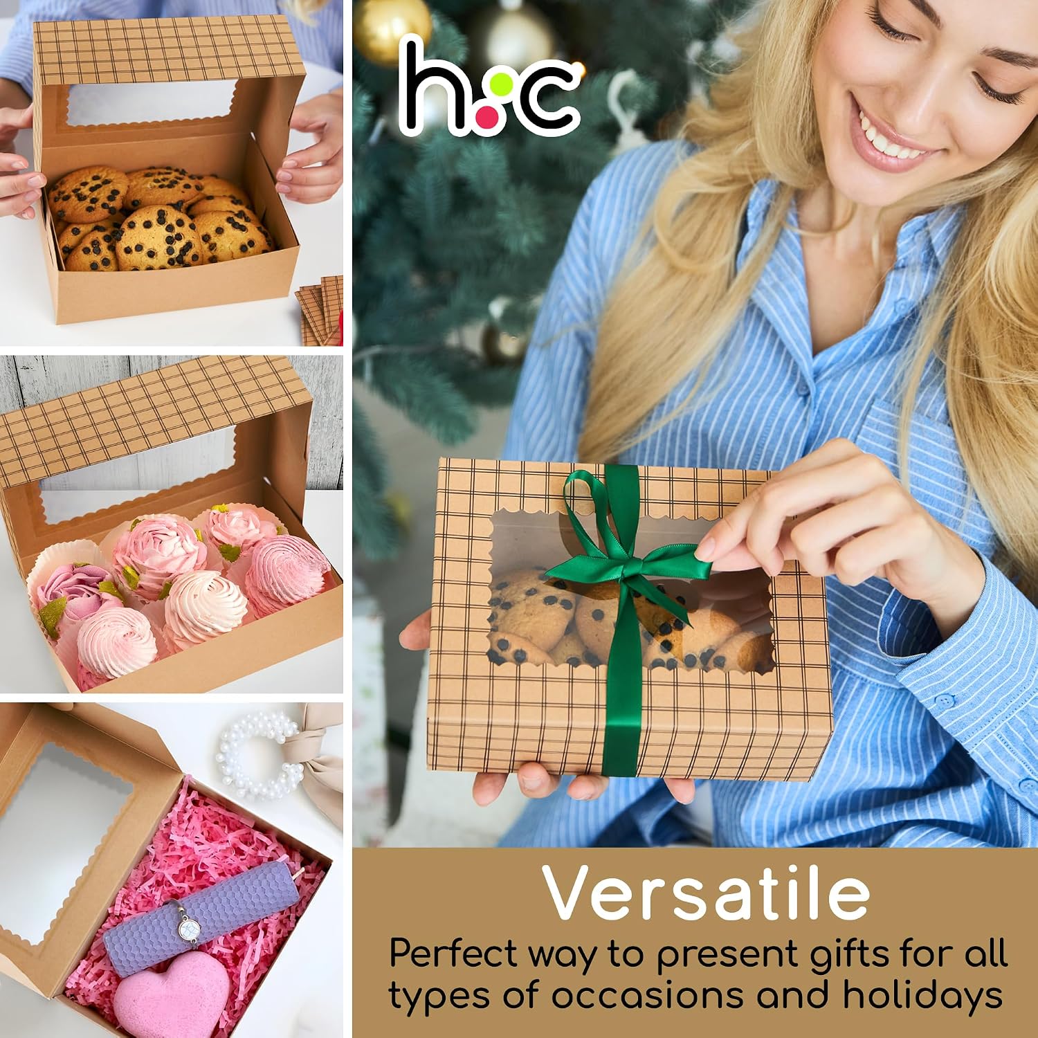 Brown Kraft Cookie Boxes with Ribbons & Window (20 Pack) 8.3 x 6 x 2.8” Food Grade Cardboard Bakery Gift Boxes for Christmas Gift Giving, Baked Goods, Candy Treats, Decorative Holiday Packaging, Empty