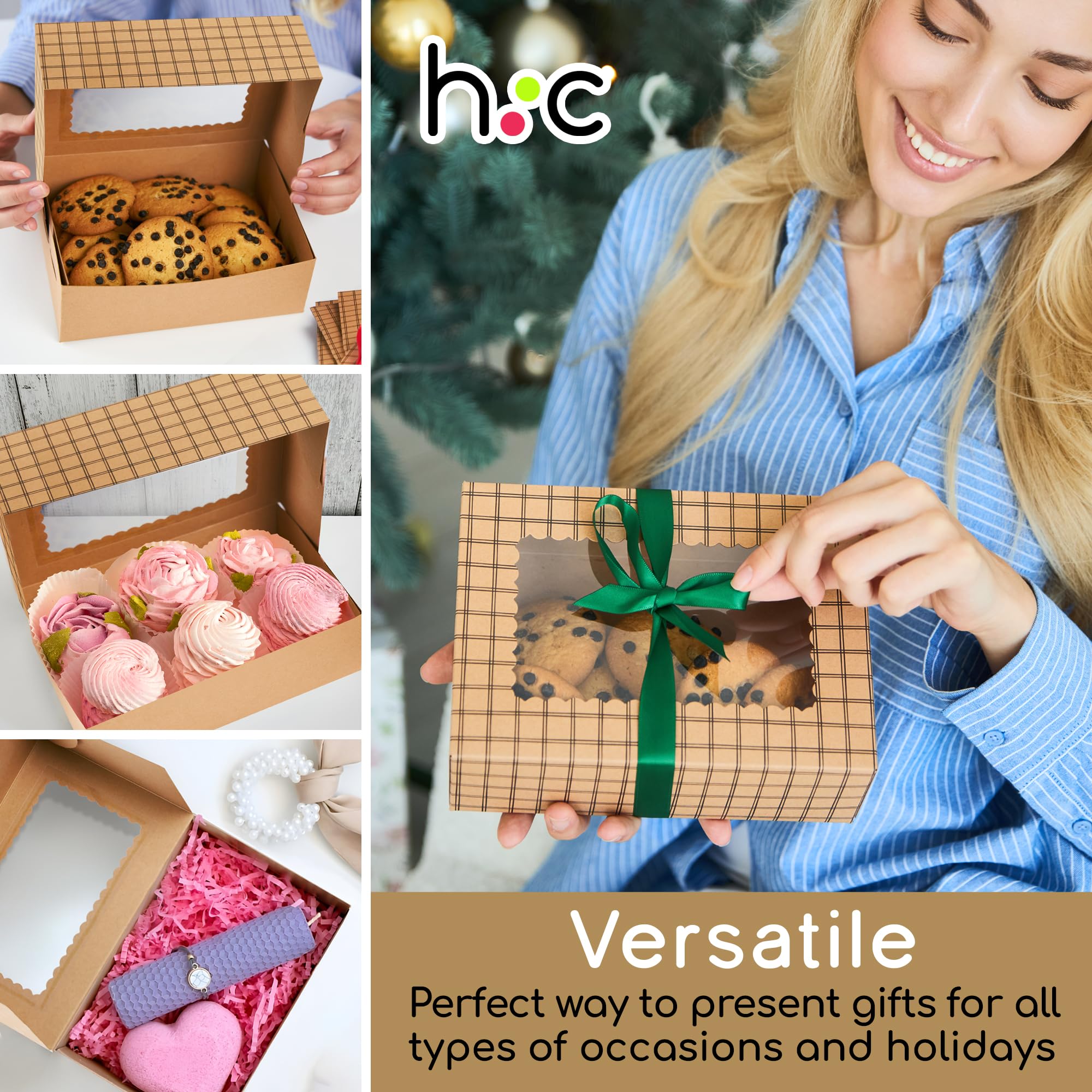Lot de 20 boîtes à biscuits en papier kraft marron avec rubans et fenêtre - 21,1 x 15,2 x 7,1 cm - Boîtes cadeaux de boulangerie en carton de qualité alimentaire pour offrir des cadeaux, des