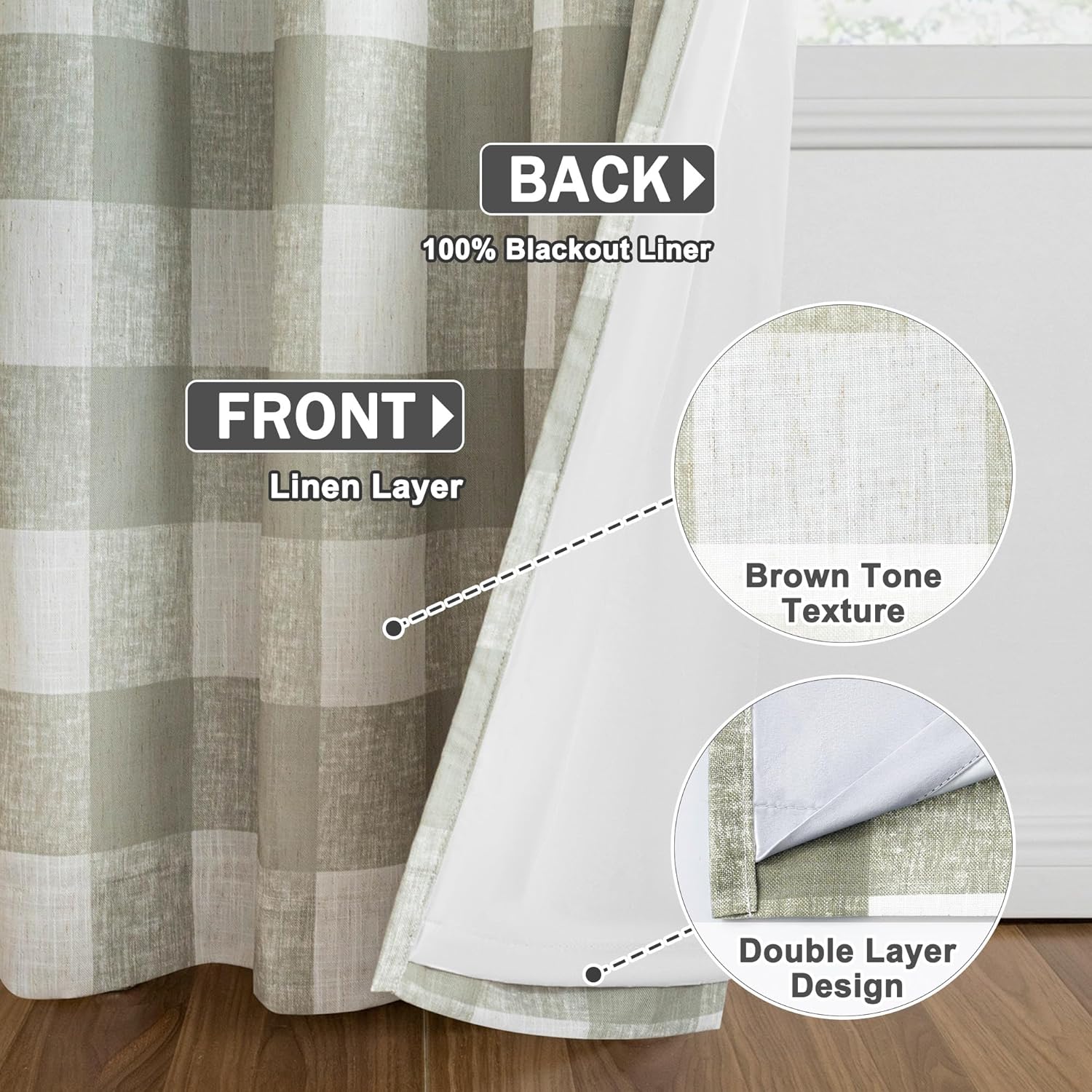 MYSKY HOME Plaid 100% Blackout Linen Curtains 63 inch Length 2 Panels Double Layer Thermal Insulated Farmhouse Rustic Gingham Drapes for Bedroom Living Room, 52" Wide Each Panel, Sage Green