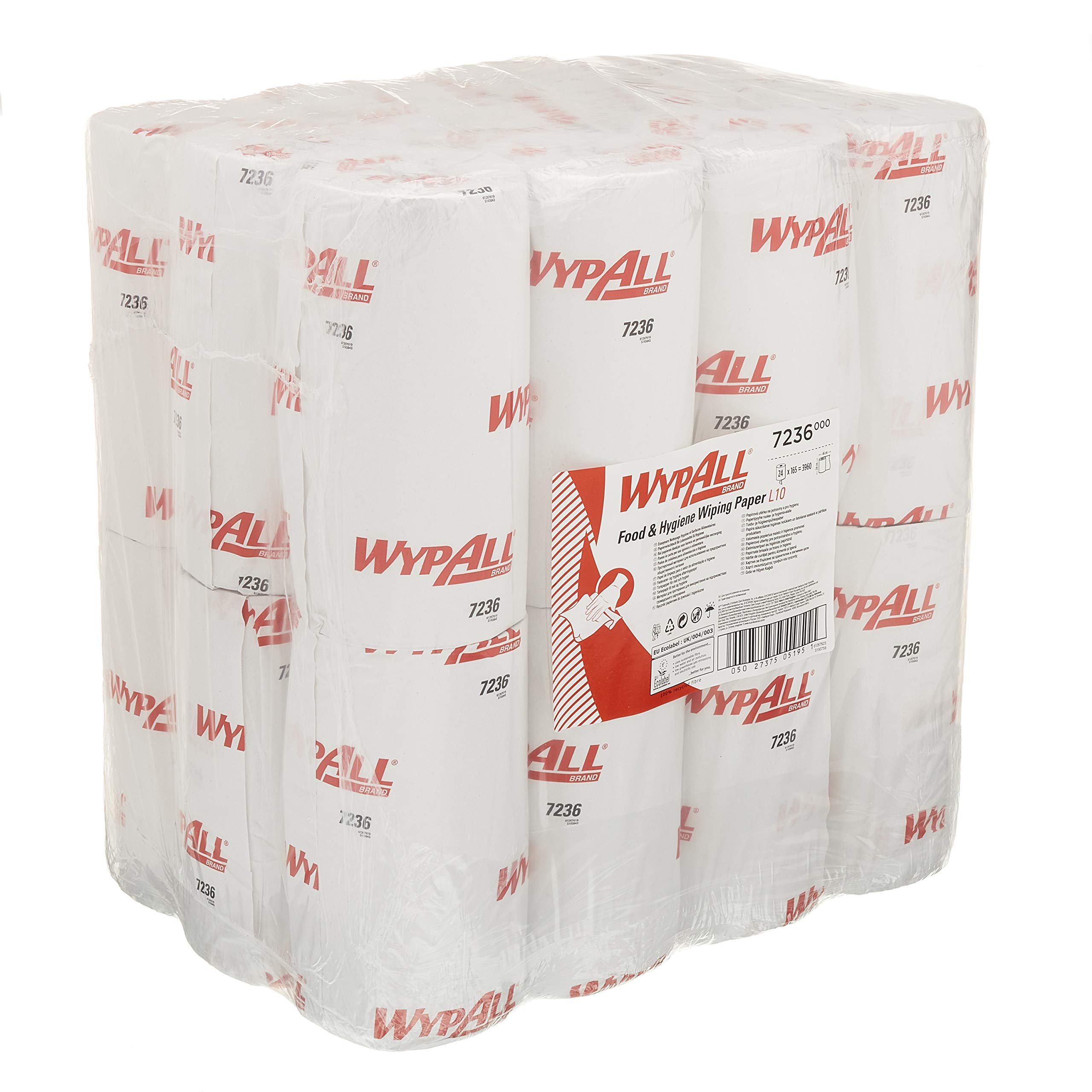 WypAll L10 papier do wycierania żywności i higieny 7236-1-warstwowe kompaktowe chusteczki do czyszczenia - 24 rolki x 165 białe chusteczki papierowe (łącznie 3960)
