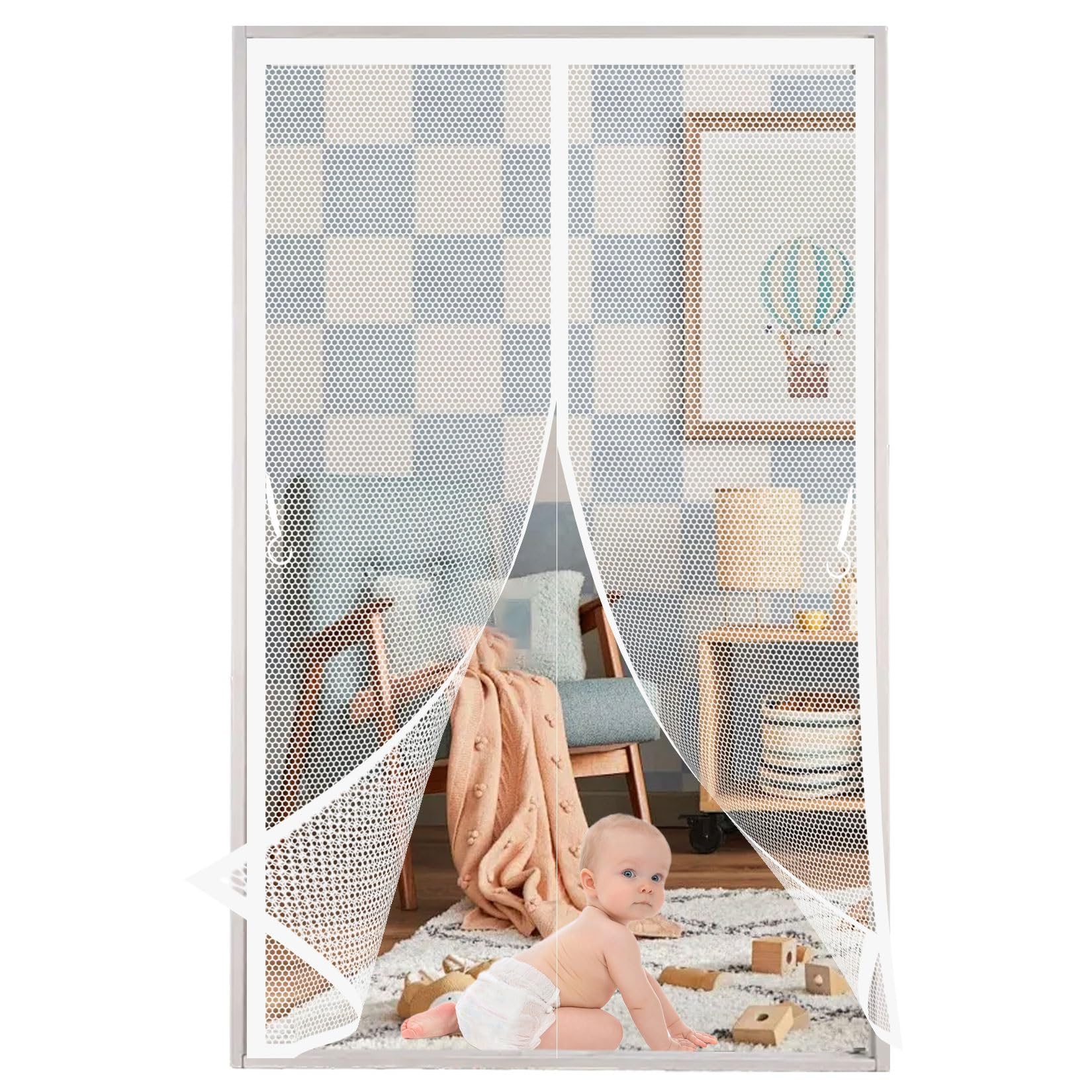 Liujyuan White Magnetic Fly Screen Door 126 X 198 Cm Powerful Magnets, Self-Sealing, Polyester Screen Mesh Curtain Lets Fresh Air, Easy To Install Pet And Kid Friendly,