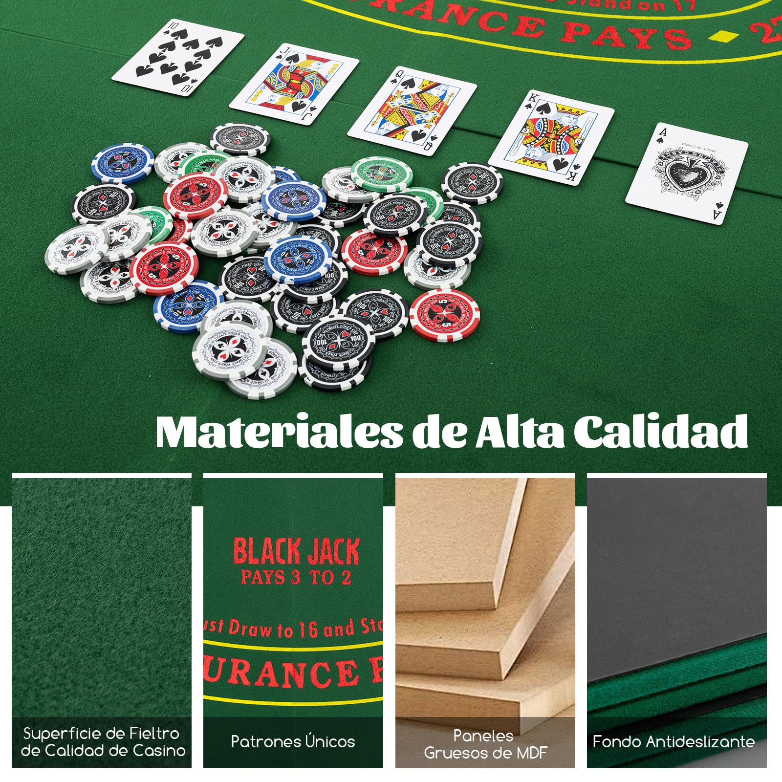 COSTWAY Mesa de Póker Plegable para 8 Jugadores, Tablero Portátil con Bolsa de Transporte, Bandejas para Fichas, Tapete de Póker con Alfombrilla Antideslizante para Juegos de Casino y Familia