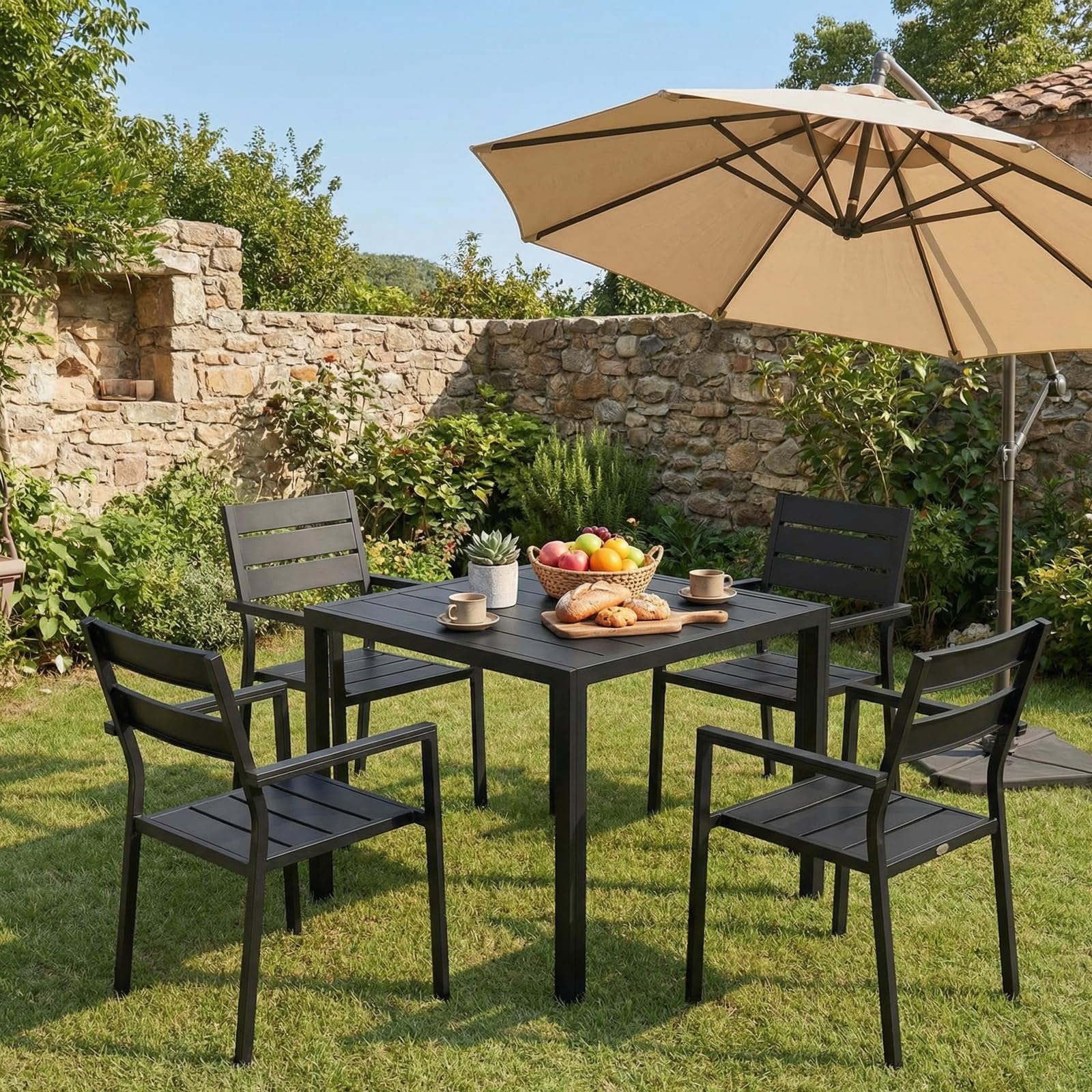 LIFERUN Gartentisch Wetterfest klein, 75x75 cm Aluminium Balkontisch | Outdoor Quadratisch Terrassentisch Vollmetalltisch für Garten, Terrasse und Balkon, Schwarz (11 cm schmales Brett)
