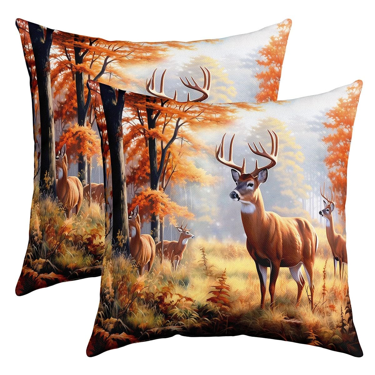 Cute Deer Pillow Cases Cushion Covers Deer Hunting Throw Pillow Covers 18"x18" Set of 2 Soft for Kids Forest Wild Animal Pattern Decorative Throw