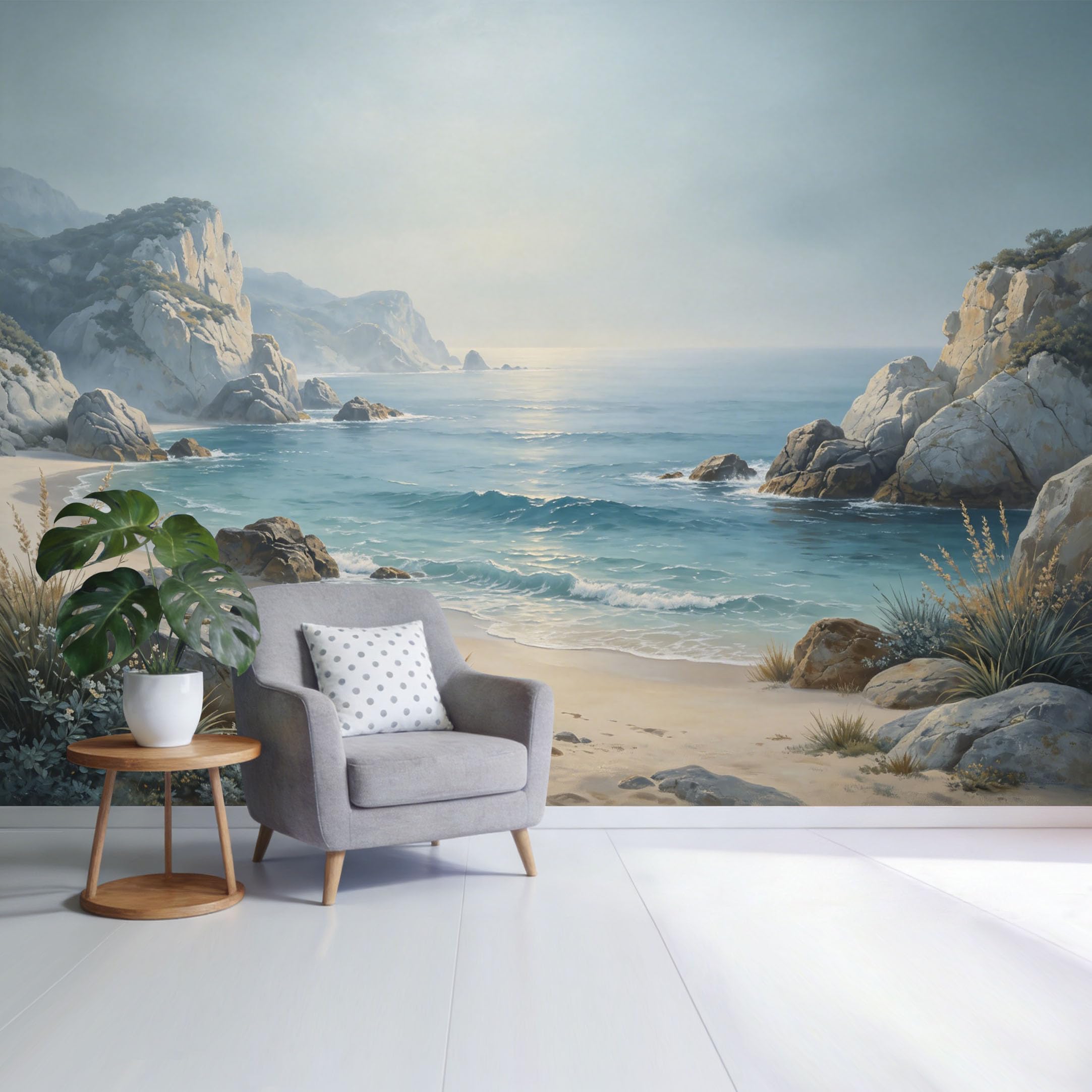Custom Size Wall Mural Coastal Ocean Wave Rocky Beach Landscape Watercolor Style SelfAdhesive Wall Fabric Removable Wallpaper for Home Office Decor