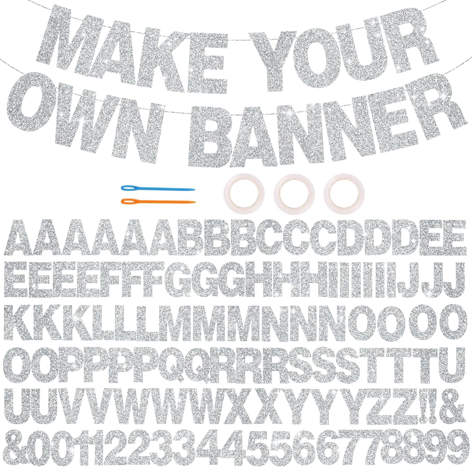 DecoGlee 116 PCS A-Z Glitter Silver DIY Letter Banner Kit Make Your Own Banner，Including 111 Letters and Numbers 3 Rope and 2 Threading Device,for Birthday Graduation Wedding Halloween Party Decor