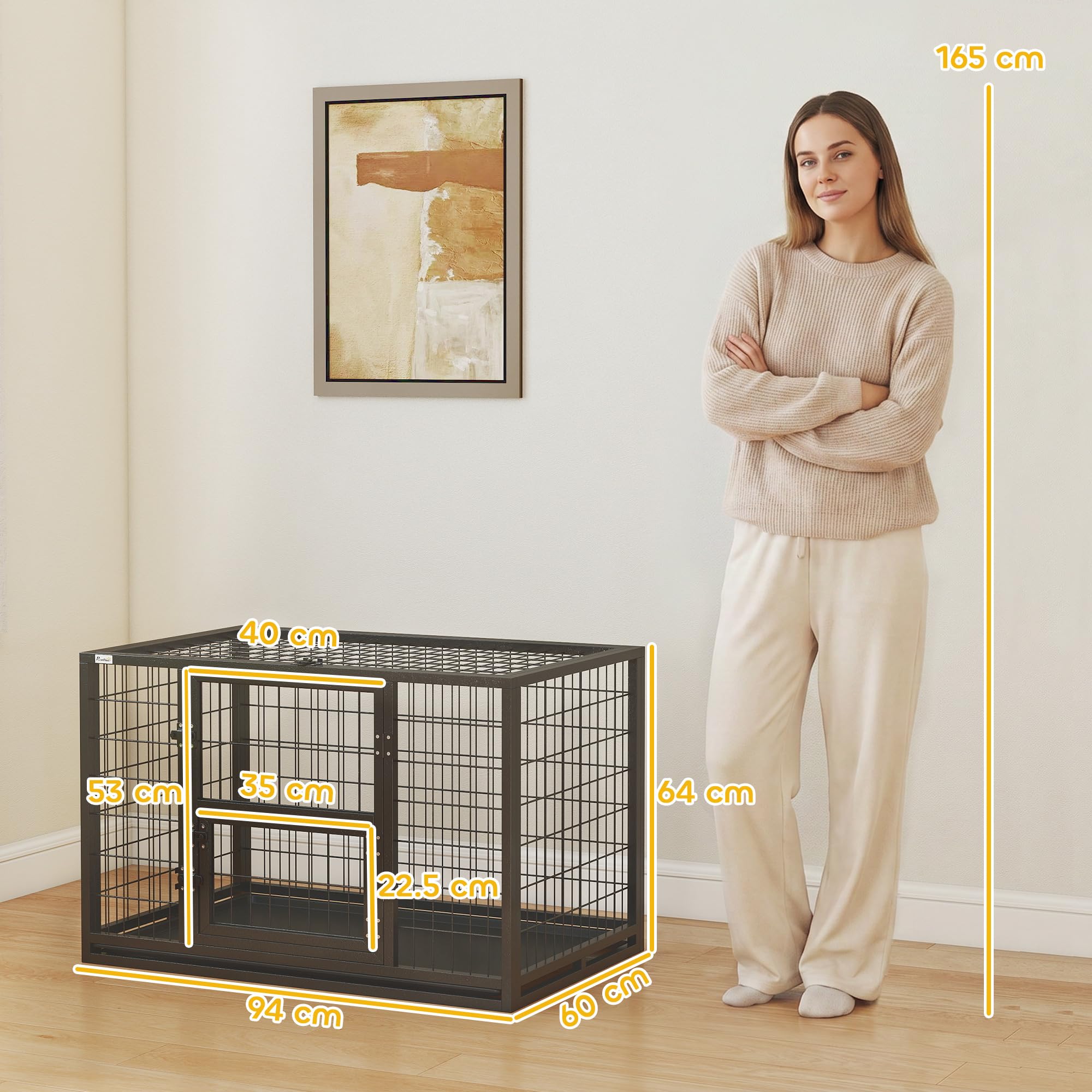 PawHut Kennel Gabbia Robusta per Cani da Esterno Grande 94x60x64 cm Nero | Gabbia Box per Cani Taglia Medio e Piccola, Robusta, Vassoio Rimovibile, Chiusura Sicura, Interno ed Esterno