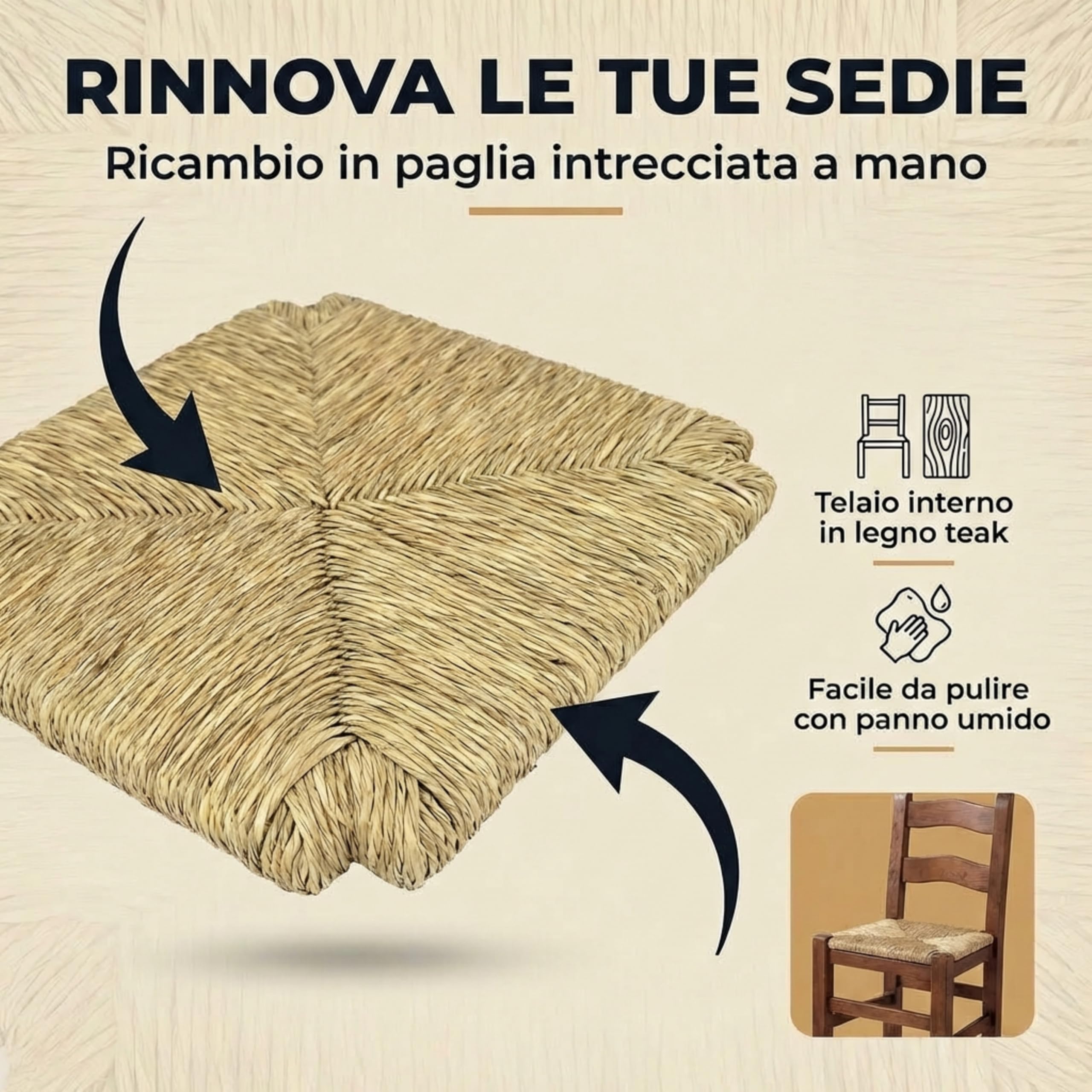 Import Trade – Set da 6 Sedili in Paglia di Segale 971 WA Tourain – Seduta di Ricambio per Sedie Impagliate Rustiche – Sedile di Ricambio per Cucina, Sala da Pranzo e