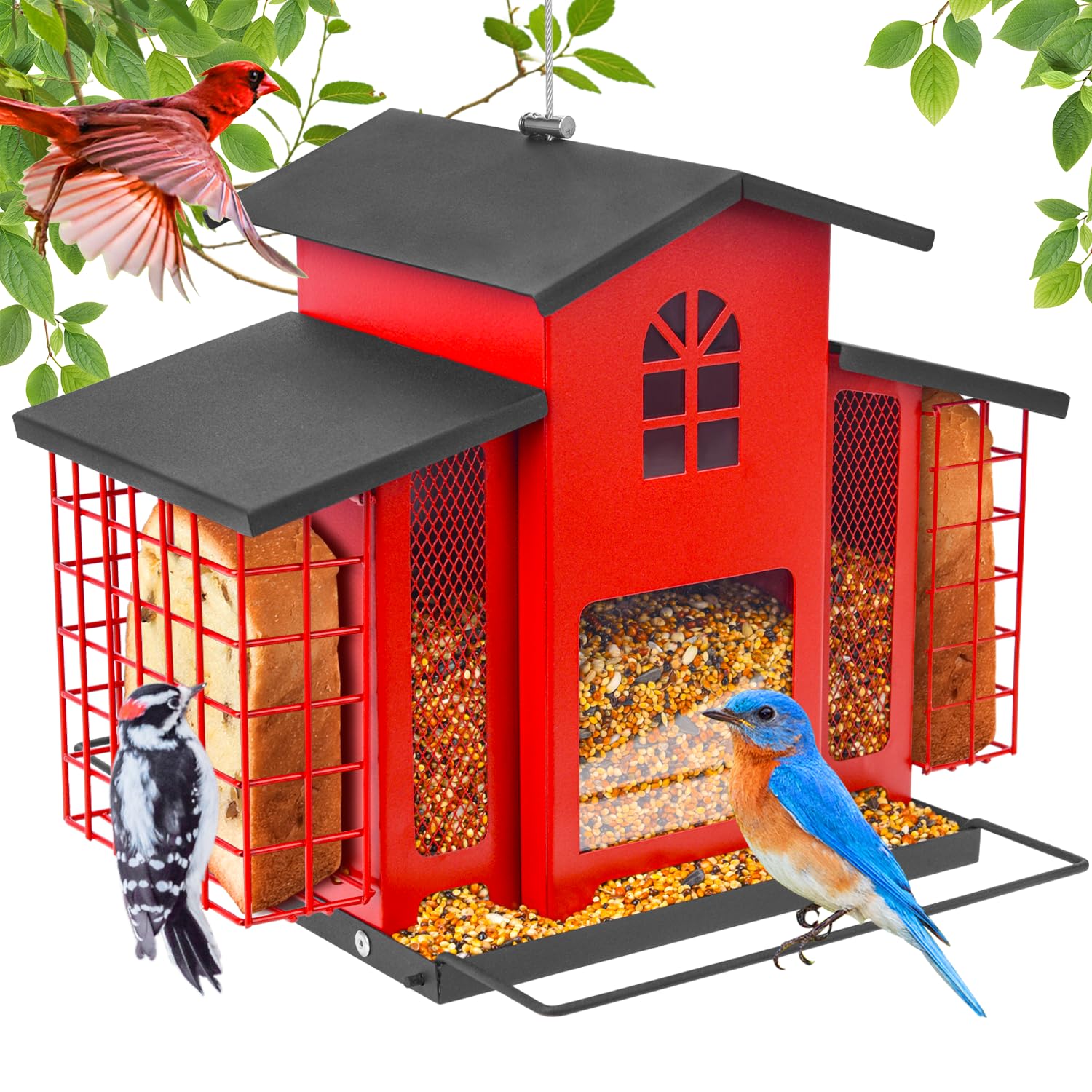 Bird Feeders for Outdoors Hanging,Metal Bird Feeder with Double Suet Cage Cake,Sturdy & Weatherproof,Easy to Clean & Refill,4.6Lbs Large Capacity, Great for Attracting Wild Birds,Red