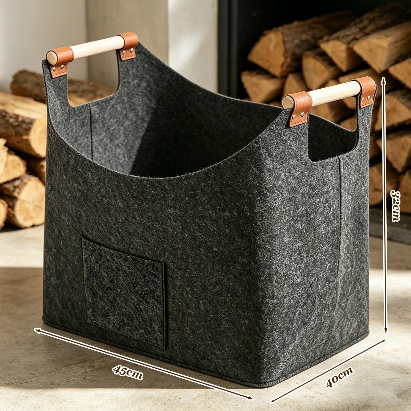 Canasta De Leña 45 x 32 x 40 cm 60L, Cesta de fieltro Fieltro extra grueso y asa reforzada, Cesto para leña plegable Bolsa, para Guardar Periódicos y la Chimenea