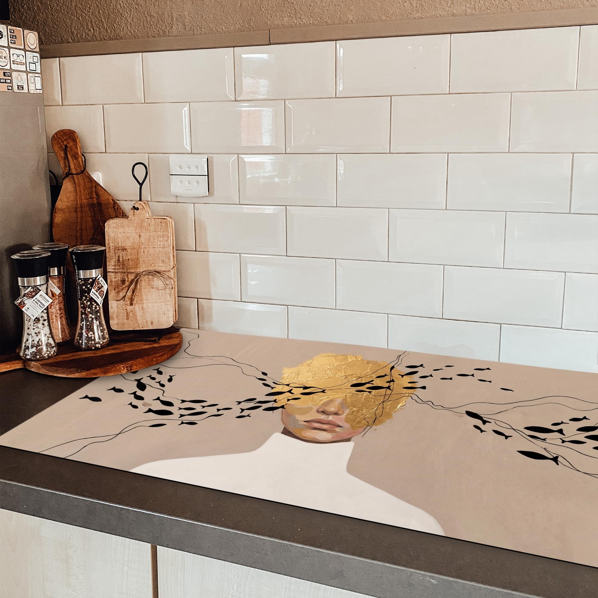 "KitchenYeah© Protezione Piano Induzione 91x52 cm Cucina Copri Fornelli Proteggi di Cottura Antiscivolo Tappetino Donna - Oro"