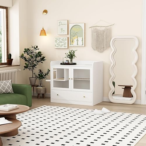 Miniatura 7 de MOOLIVE Caja de arena grande para gatos, mueble oculto para gatos con cajón y pasarela de fugas de arena, casa de gato de madera para dormitorio,