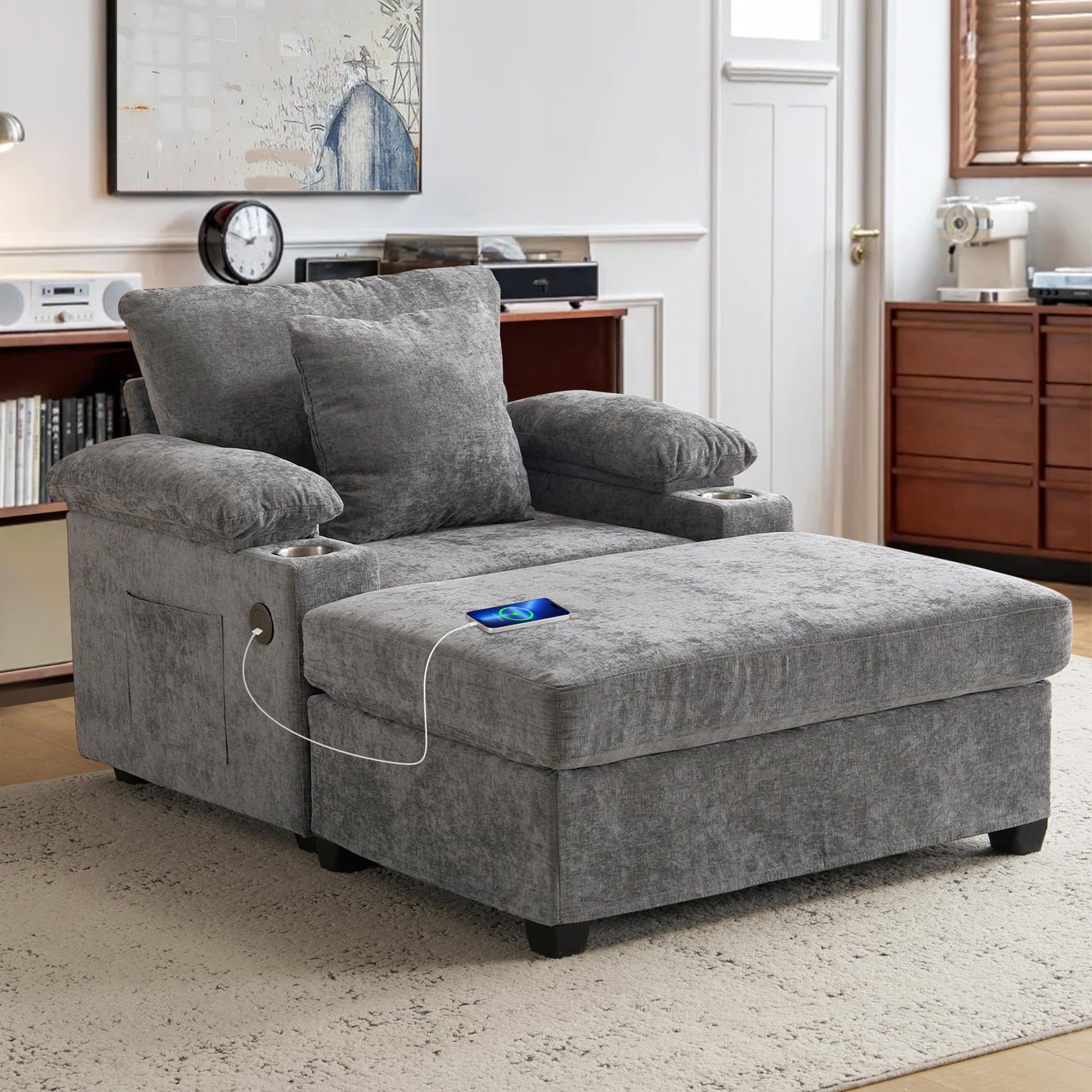 SUNWAVE Chaise Lounge Chair with Ottoman, Chenille Fabric Sofa Bed, Accent Chair with Cupholders & USB Charging Ports for Living Room, Bedroom,