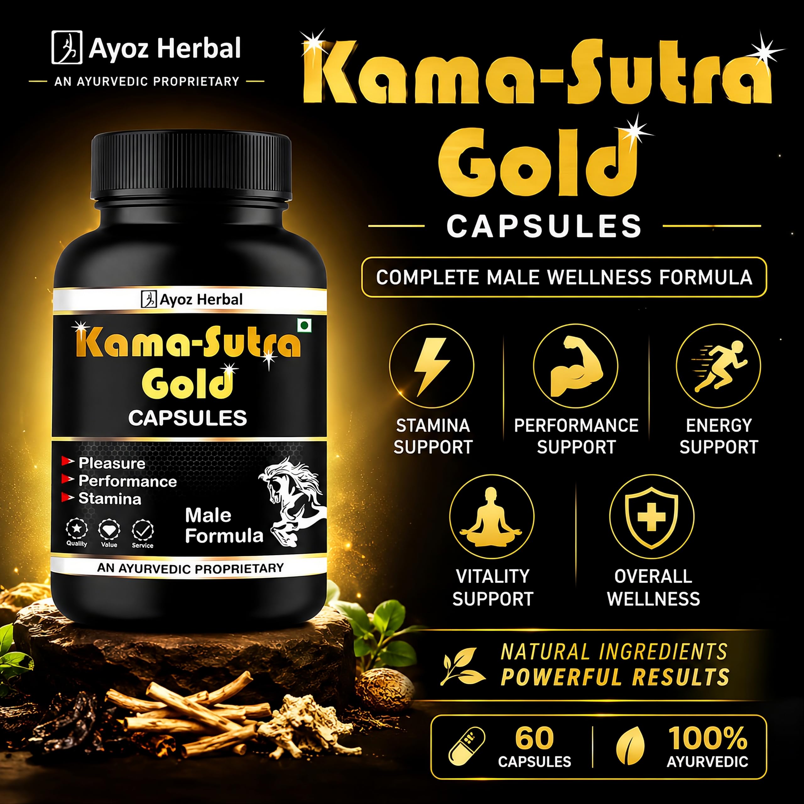 Original Kamasutra Gold Power Ayurvedic Tablets for Man Extra Time | Ling Booster Ayurvedic Medicine for Men Lamba Mota, Male Health, Long-Lasting Timing (60 Capsules) — Amazon image 3