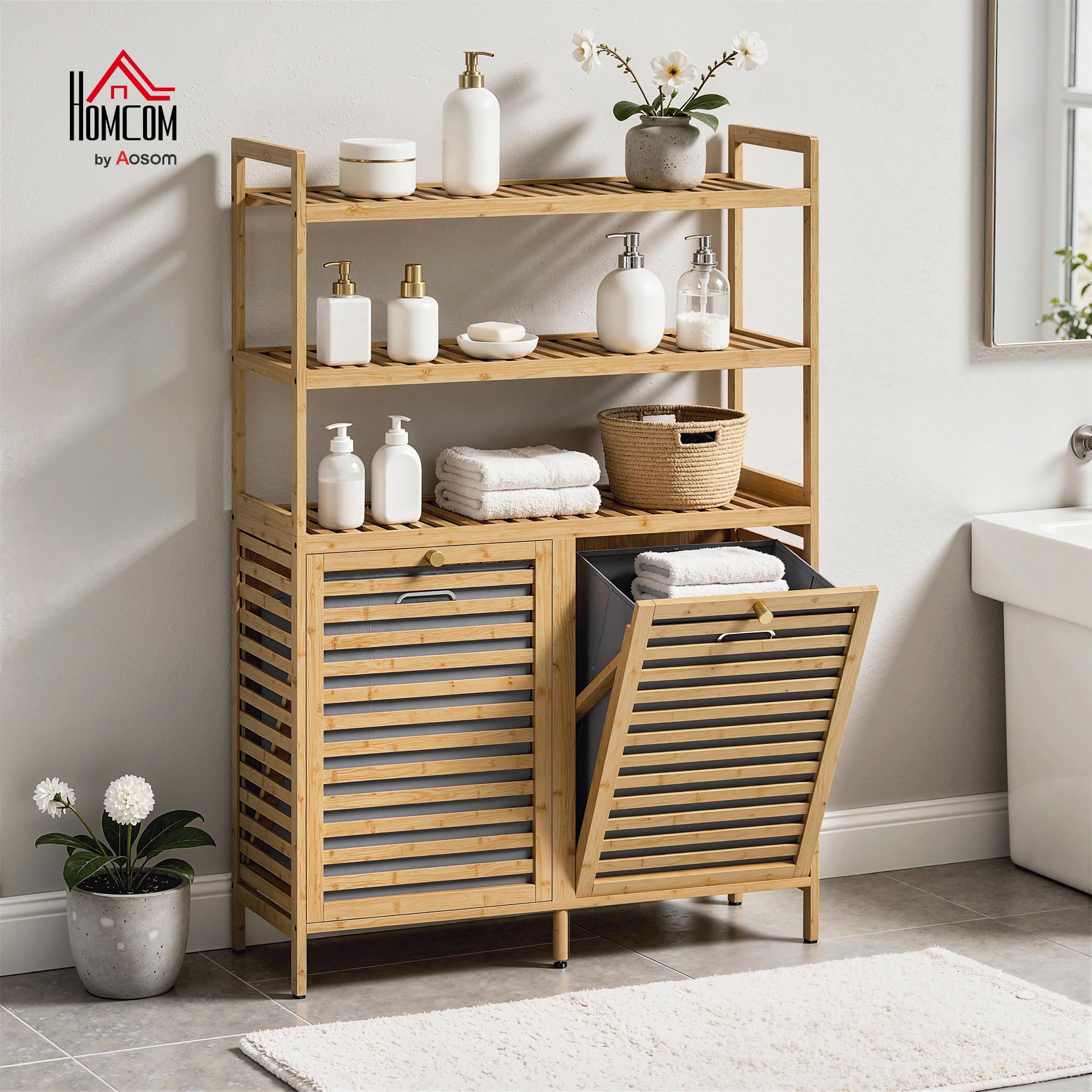 HOMCOM Mueble Ropa Sucia de Bambú, 2 en 1, Mueble de Baño con 2 Cestos para Ropa Sucia Inclinables 38,7 L y 3 Estantes, para Cocina, Salón, 80x30x118 cm, Roble
