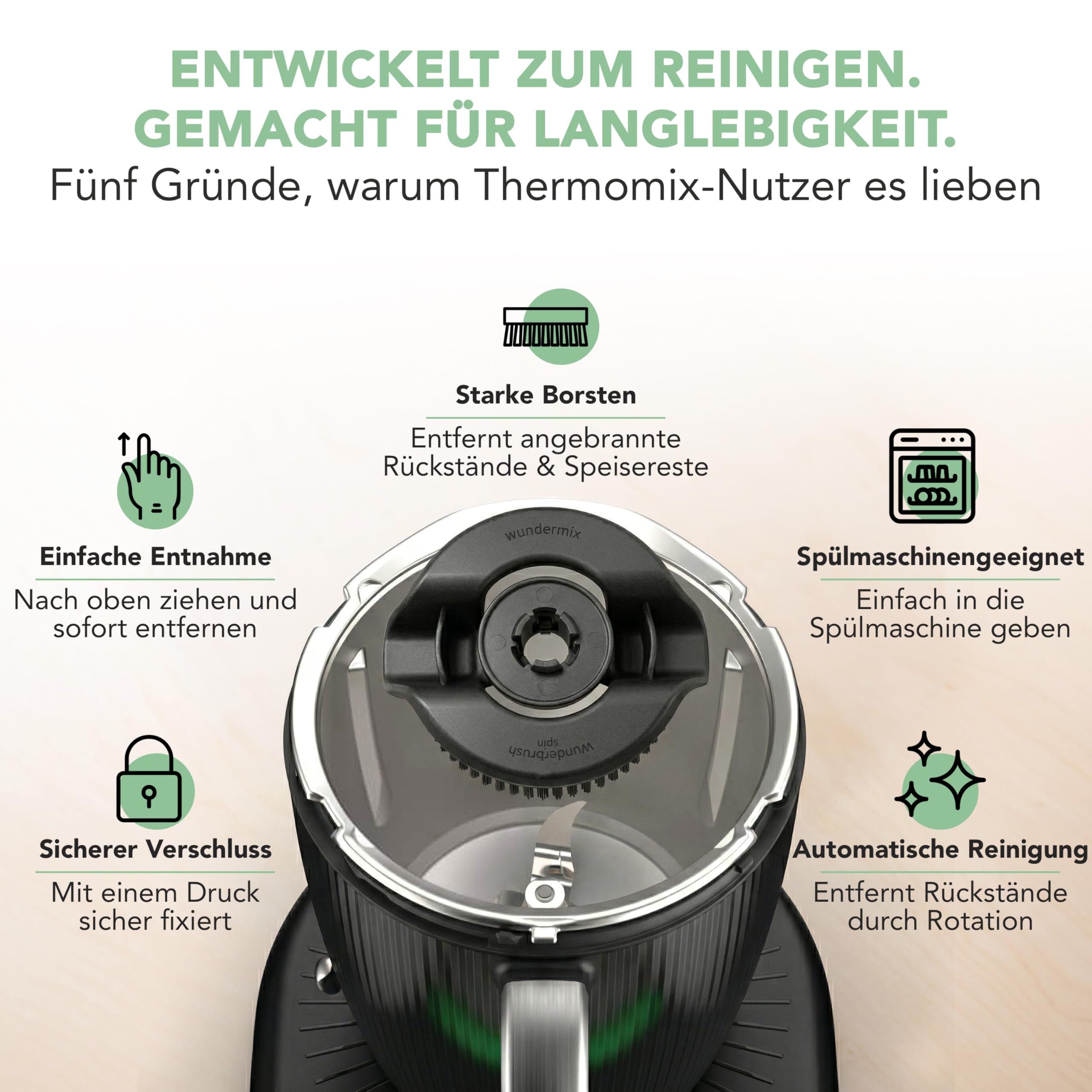Wundermix WunderBrush® Spin Reinigungsbürste für Thermomix TM7 TM6 TM5 – Mixtopf-Bürste gegen Fett, Teigreste und Eingebranntes, spülmaschinengeeignet, mit Klickverschluss, Kunststoff schwarz