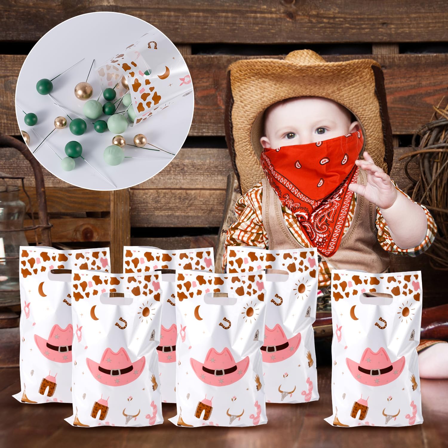 50Pcs Cow Goodie Bags, Plastic Pink Cow Party Favor Bags with Handles Western Candy Birthday Party Gift Treat for Western Theme Wrappers Supplies