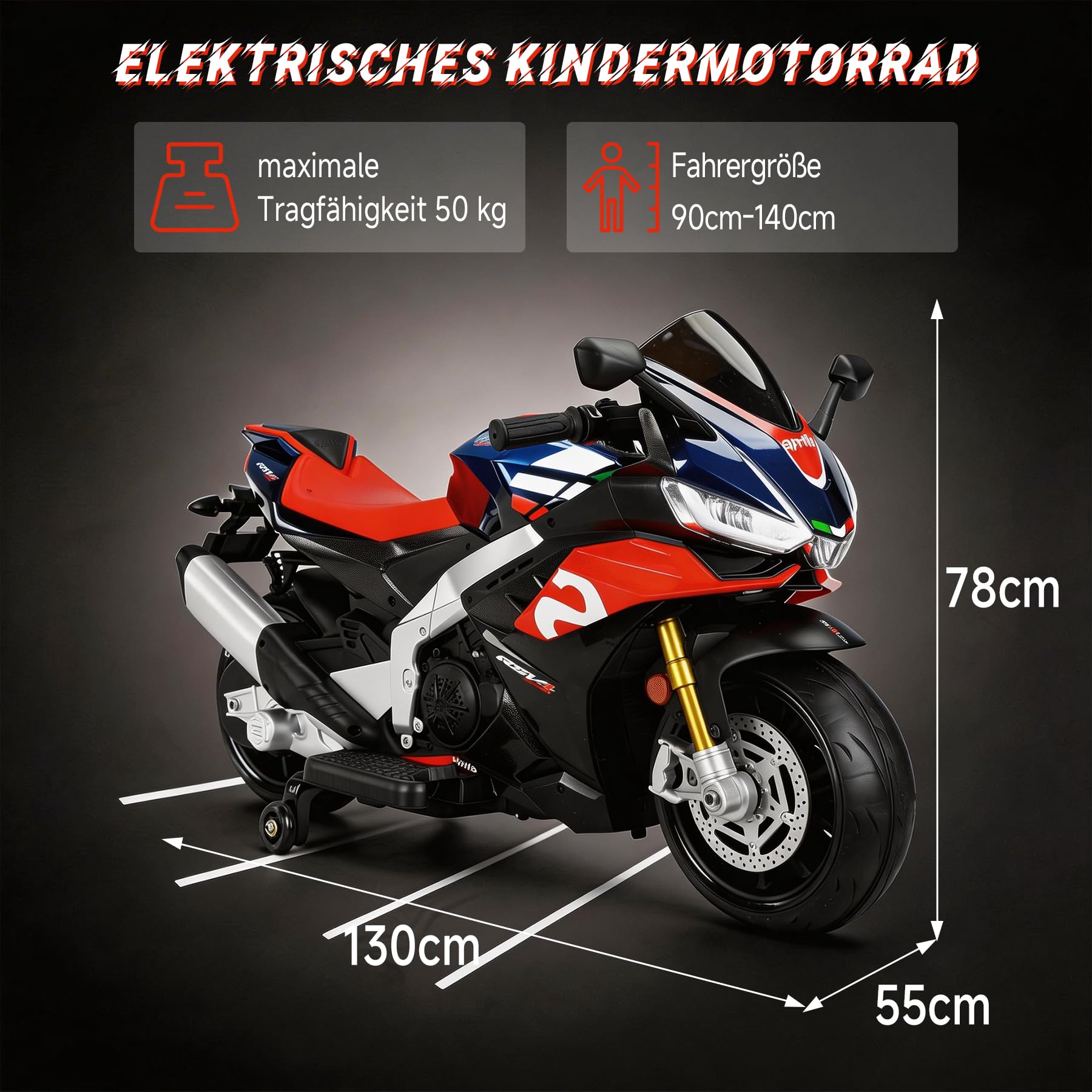 Kinder Motorrad Elektrisch 12V ab 3 Jahren, LED Licht, Stützräder, Blau