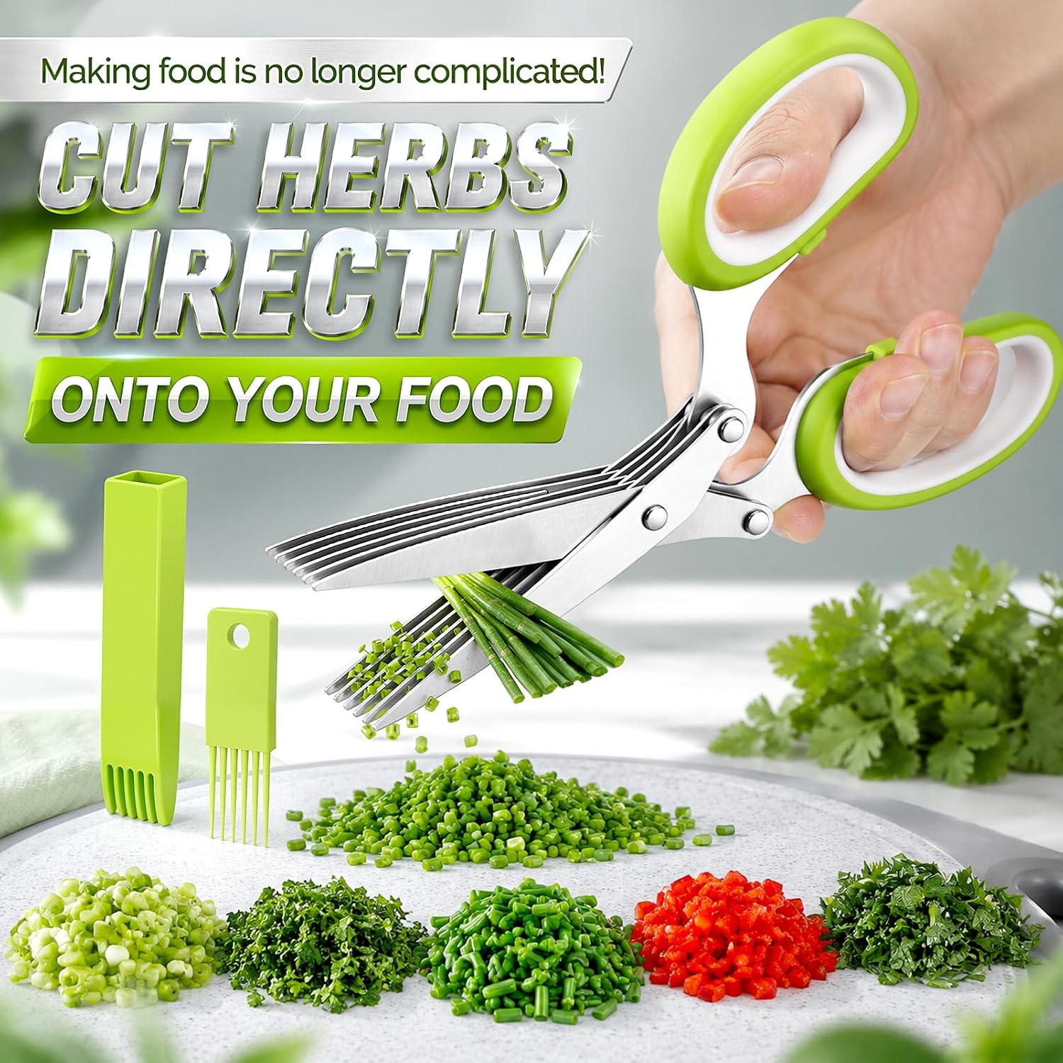 Herb Scissors with 5 Thickened Sharp Blades, Stainless Steel with Safety Cap and Cleaning Comb Cleaning Comb, Food-Grade Rust-Resistant Blades for Parsley, Basil, Cilantro, Scallions, Small peppers