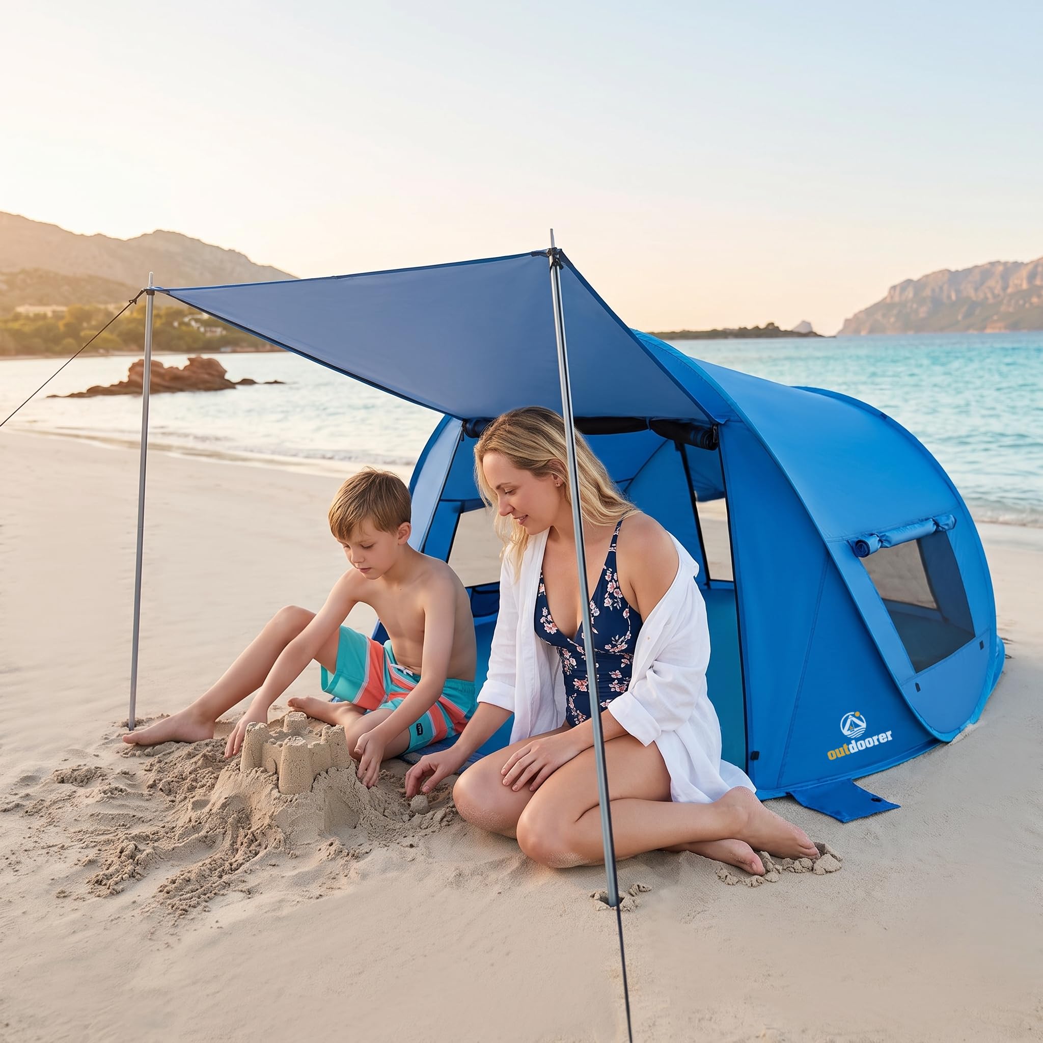 outdoorer Beach Air Max - UV 80 Pop up Strandmuschel Innovation 2026, kompakt, mit Vordach, einfacher Aufbau, für Koffer, mit Haken, groß, verschließbar, windstabil, Moskito Schutz.
