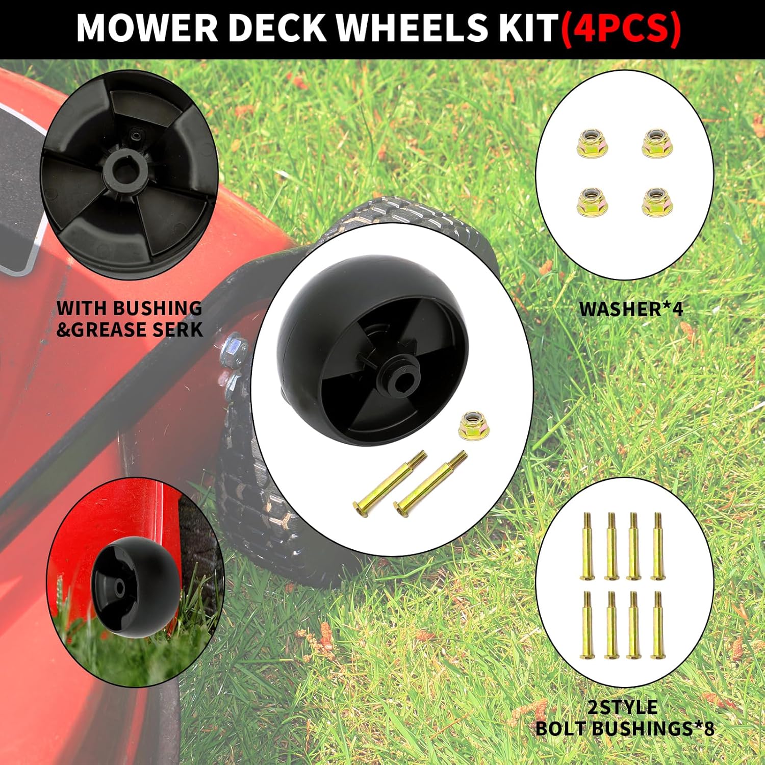 Lawn Mower Deck Gauge Wheels Kit AM125172 Mower Deck Wheels Compatible with John Deere 48", 54", 60", 62“, 72" Deck Replace for AM125172 AM124706 210-300,4 Pack