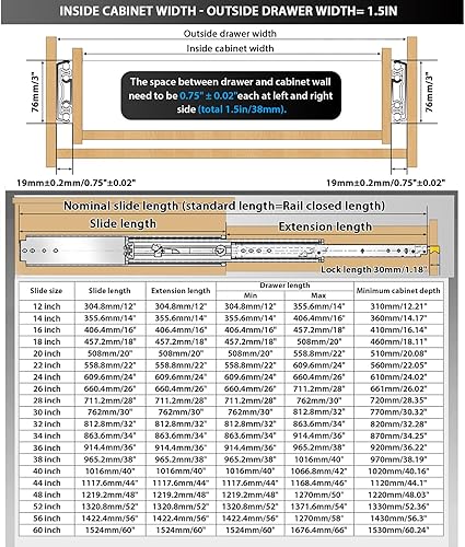 Miniatura 2 de YENUO Guías de Cajón de Alta Resistencia con Candado 12 14 16 18 20 22 24 26 28 30 32 34 36 38 40 44 48 52 56 60 Pulgadas de Extensión Completa
