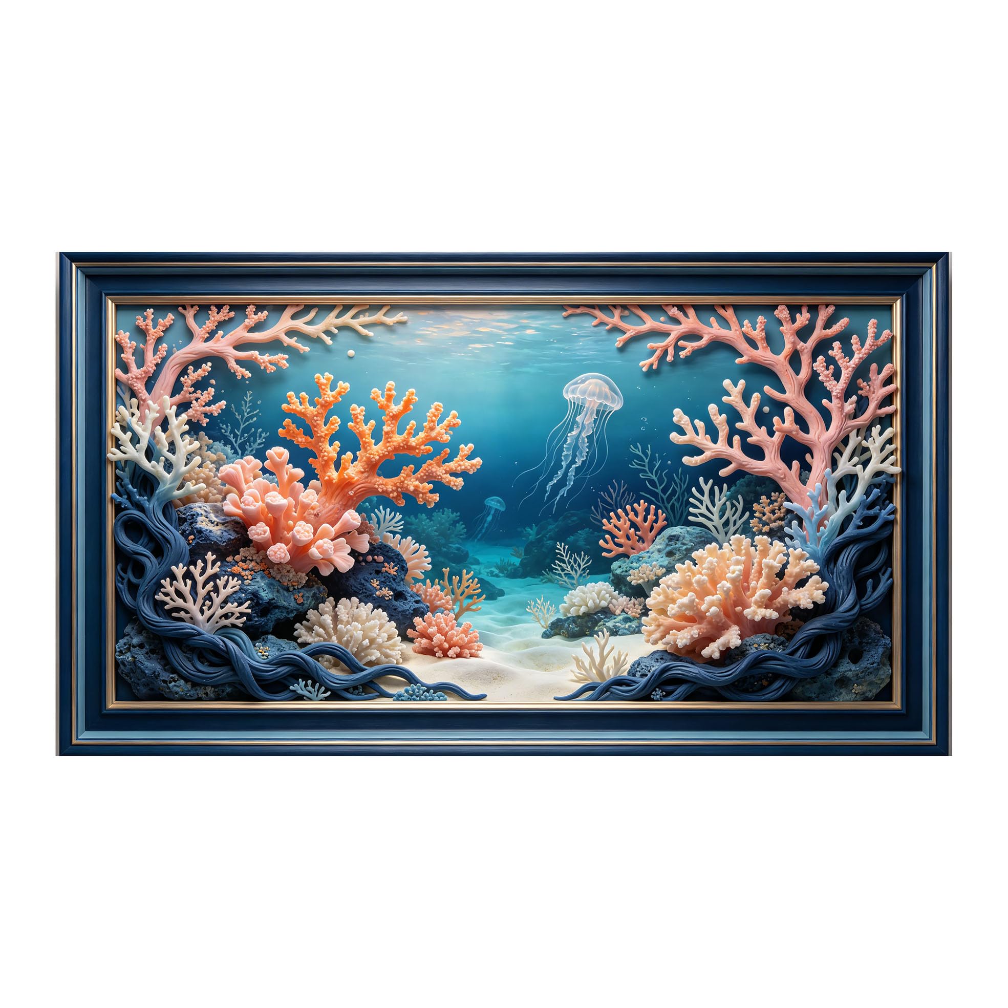 Murasolite 3D Framed Wall Art Ocean Coral Reef Seascape Watercolor SelfAdhesive Fabric Mural Wall Decor， Peel and Stick No Damage to Wall， AntiFall Safe Design for Bedroom Living Room