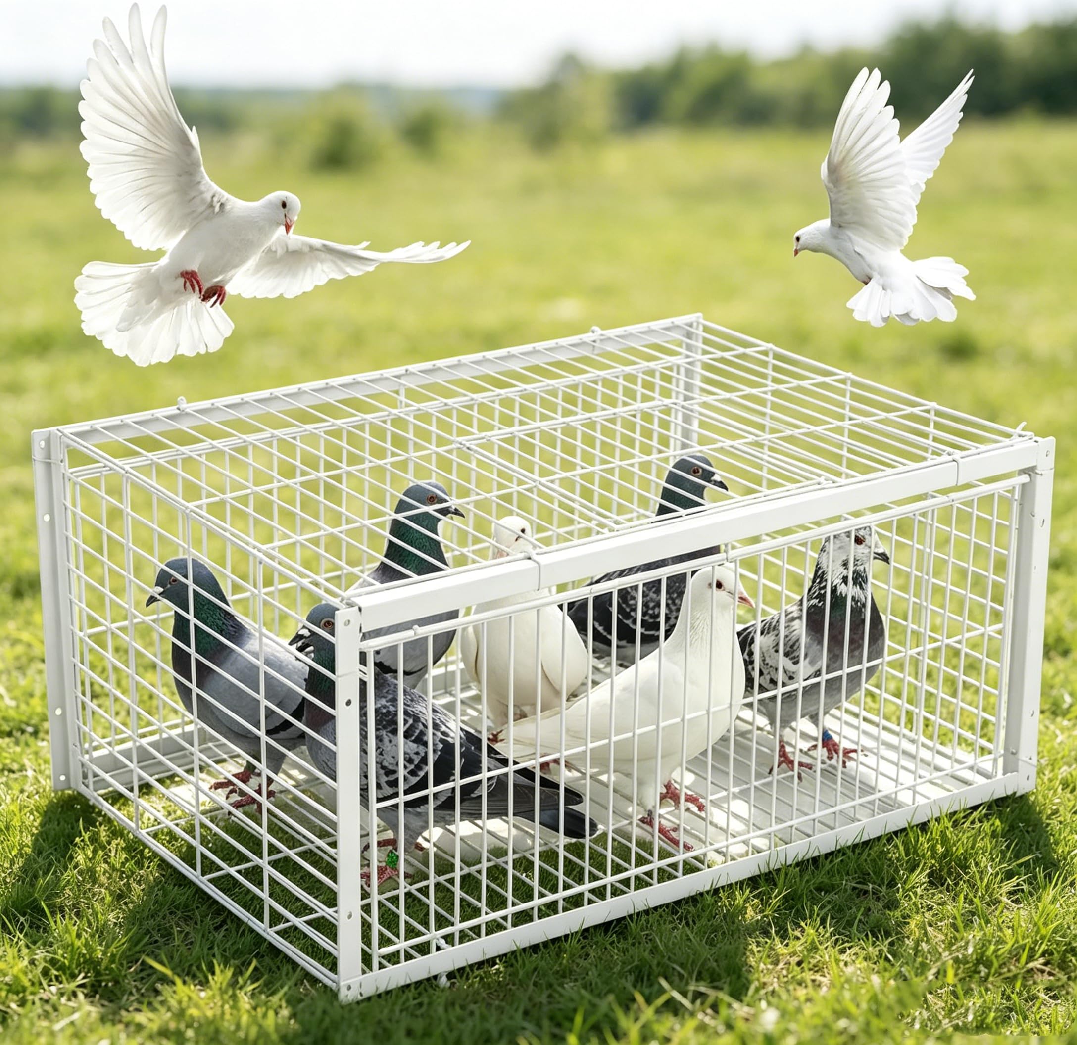 Portable Pigeon Trap Cage, Pigeon Trap Escape-Proof PigeonCage, 1/2/4-Way Access Entrances Portable Bird Traps, Metal Control Humane Live Animal TrapCage, for Rooftops, Open Gardens, Barns Farms