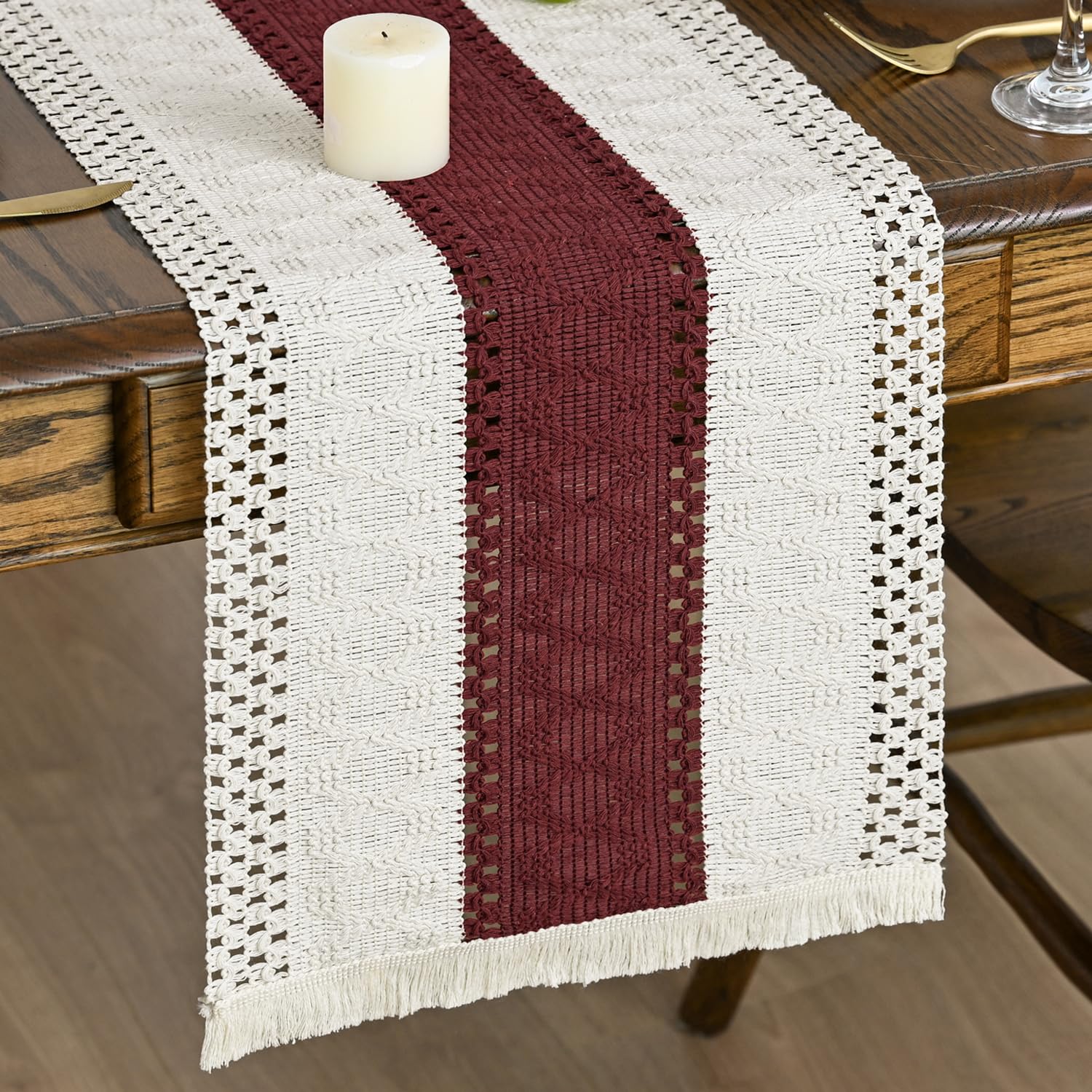 Artoid Mode Red Farmhouse Rustic Tassel Table Runner 30x183 cm, Seasonal Holiday Hollow Kitchen Dining Table Decoration for Home Party Decor