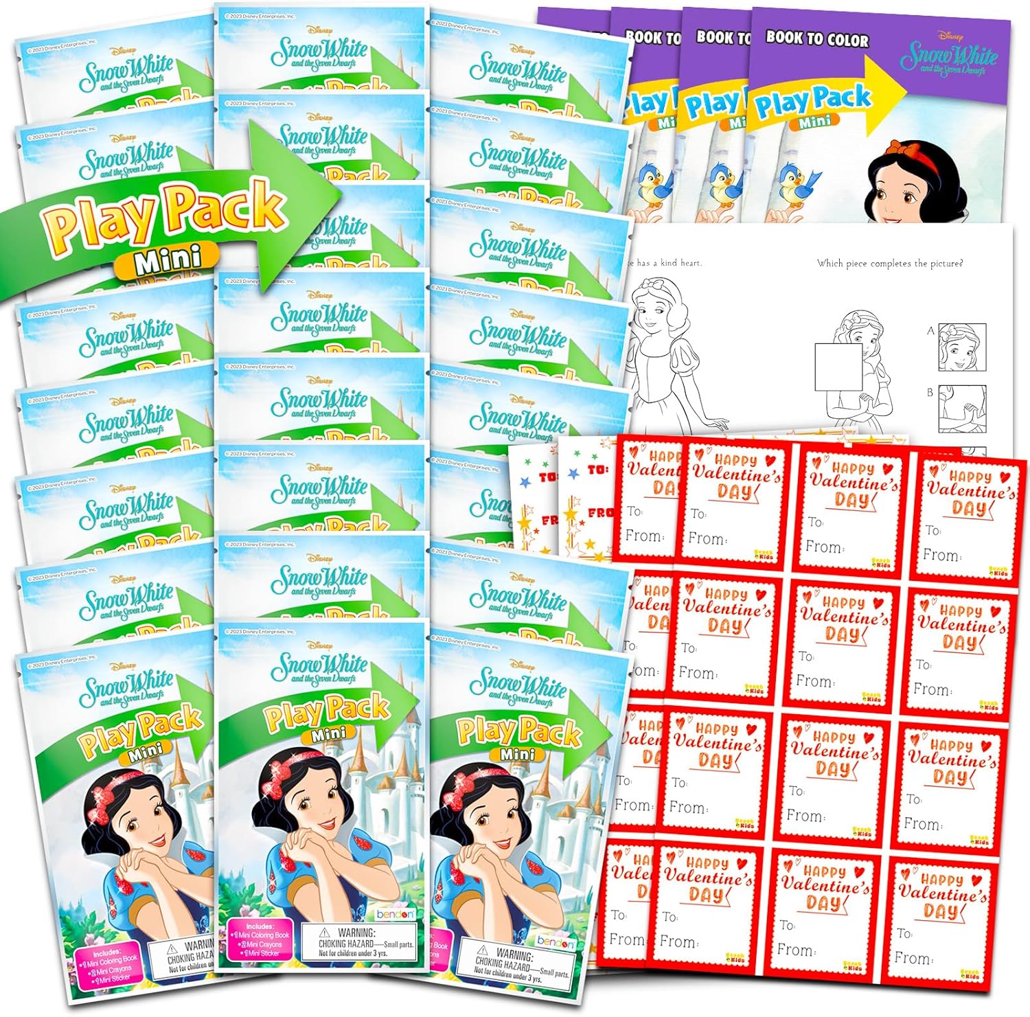 Snow White Valentine's Day Classroom Gift Exchange Bundle - 24 Mini Coloring Activity Books for School, Stickers | Valentines Kids Party Favors