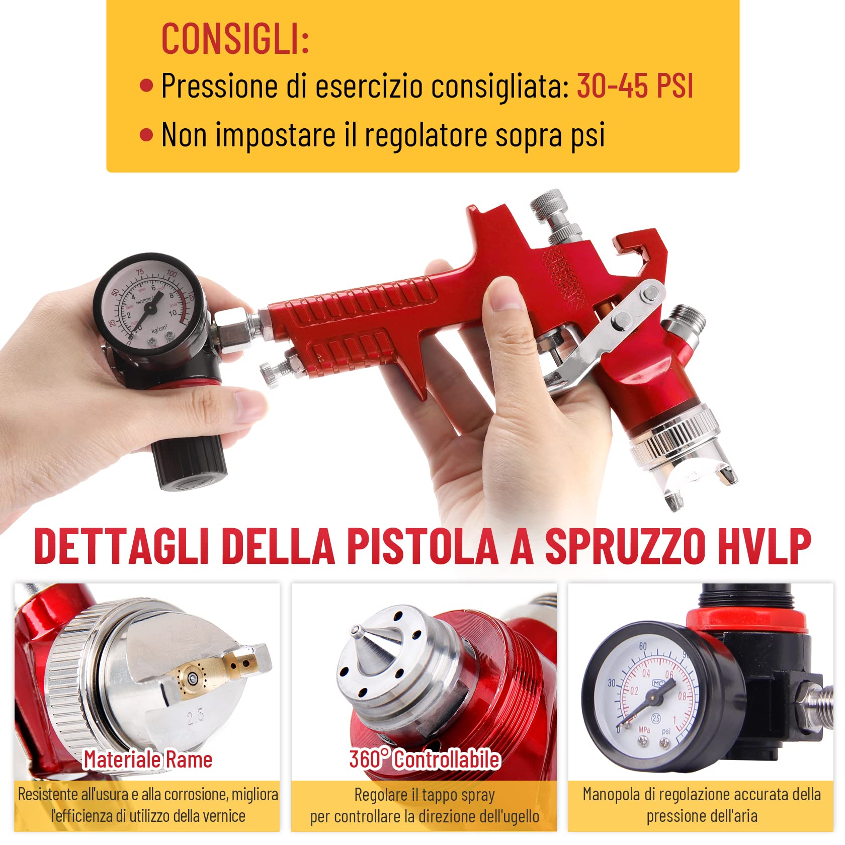 CarBole Pistola a Spruzzo HVLP con Tazza di 1000cc e 4 Ugelli 1.4/1.7/2.0/2.5mm,Pistola per Verniciare con Regolatore di Pressione dell'aria, Pistola de Pintura (Rosso)
