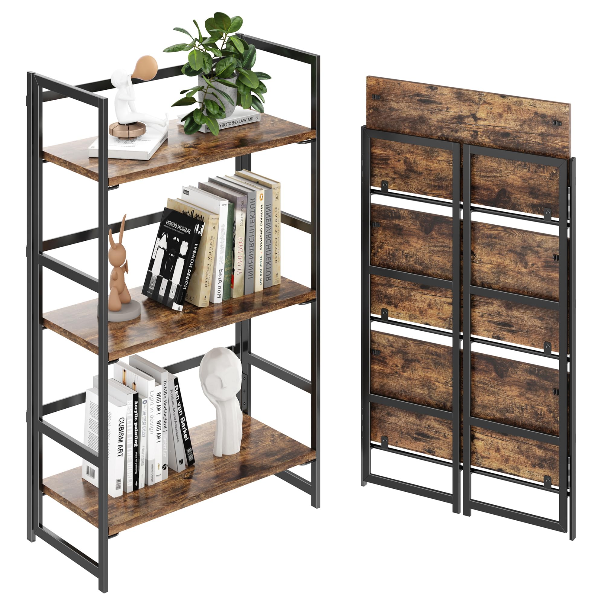 BHG Vintage Multifunctional Folding Bookshelf, No-Assembly Plant Stand Storage Rack Shelves for Home Office (Fire, 3-Tier)