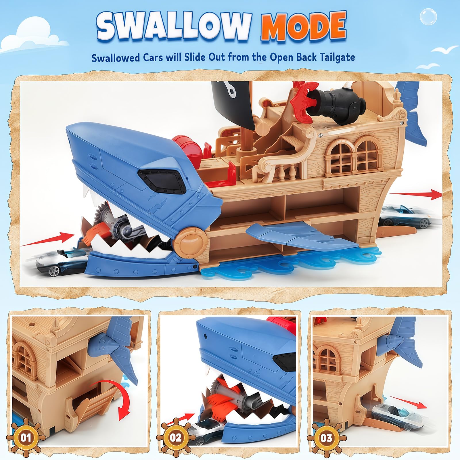 Squalo nave pirata 4 in 1, auto con 8 auto