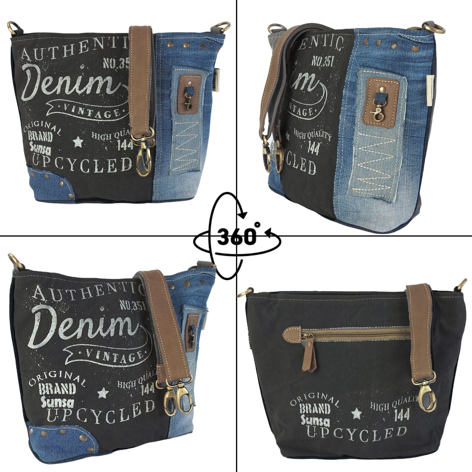 Sunsa Damen Umhängetasche Tasche aus recycelten Jeans Canvas & Leder, Nachhaltige Jeanstasche. Damentasche in Retro/Vintage Design