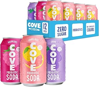 Cove Probiotic Soda Soft Drinks with Zero Sugar – Refreshing Functional Soda Alternative with Probiotics & Vitamin C – Naturally Flavored, Caffeine-Free Sparkling Beverage - Fruity Variety 12 Pack