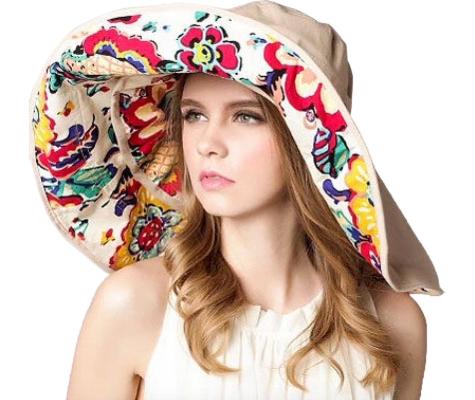 WSLCNWomens Elegant Wide-Brimmed Bowler Hat Brim Foldable Sunscreen UV Protection Beach Sun Hat Lace Flower